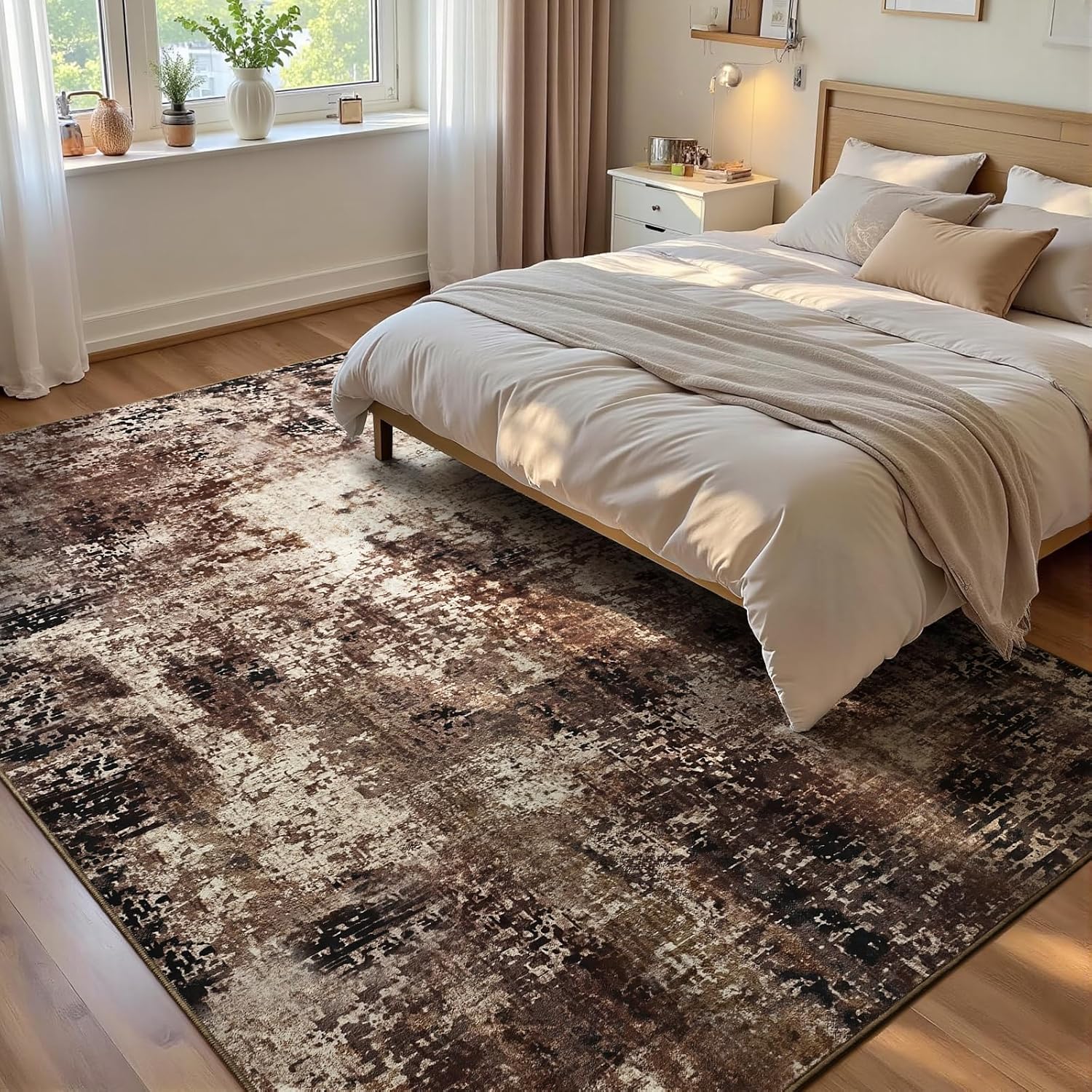 Detalle de Ompaa 5x7 Brown Living Room Rug | Machine Washable Boho Non-Slip Area Rug