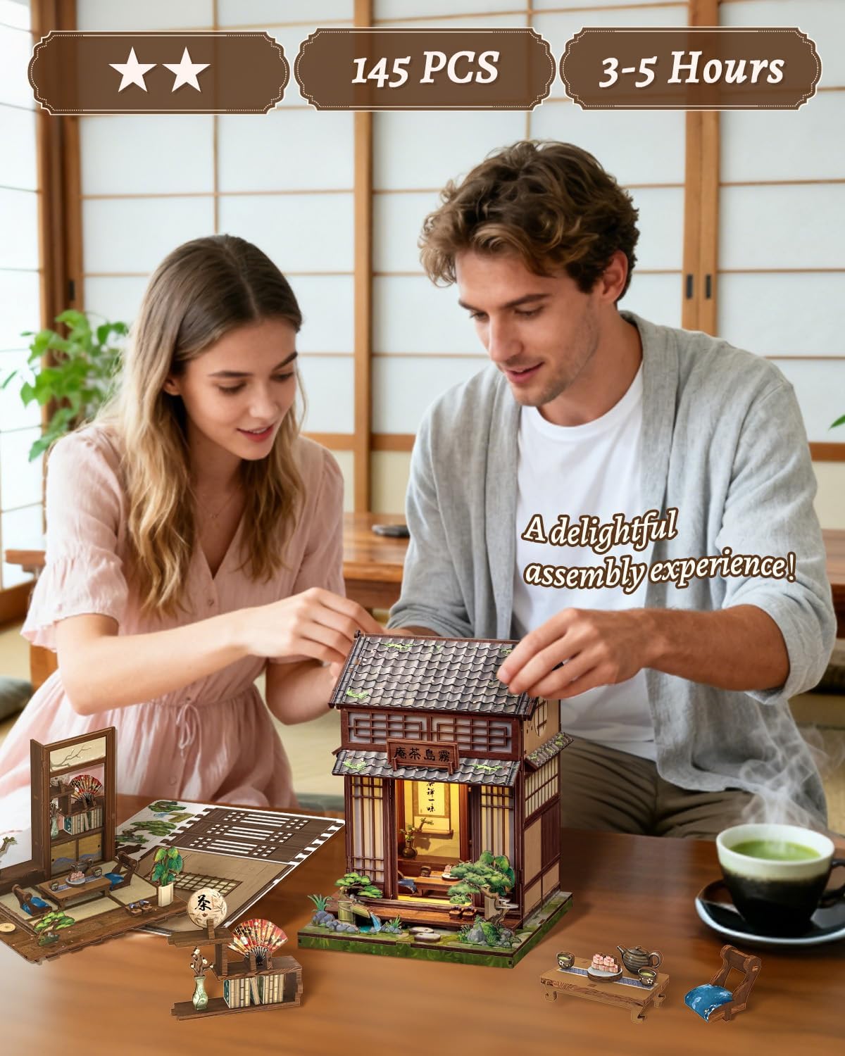 Detalle de CUTEBEE Book Nook Kirishima Cha-an — Japanese Tea House DIY Mini Dollhouse Kit for Adults