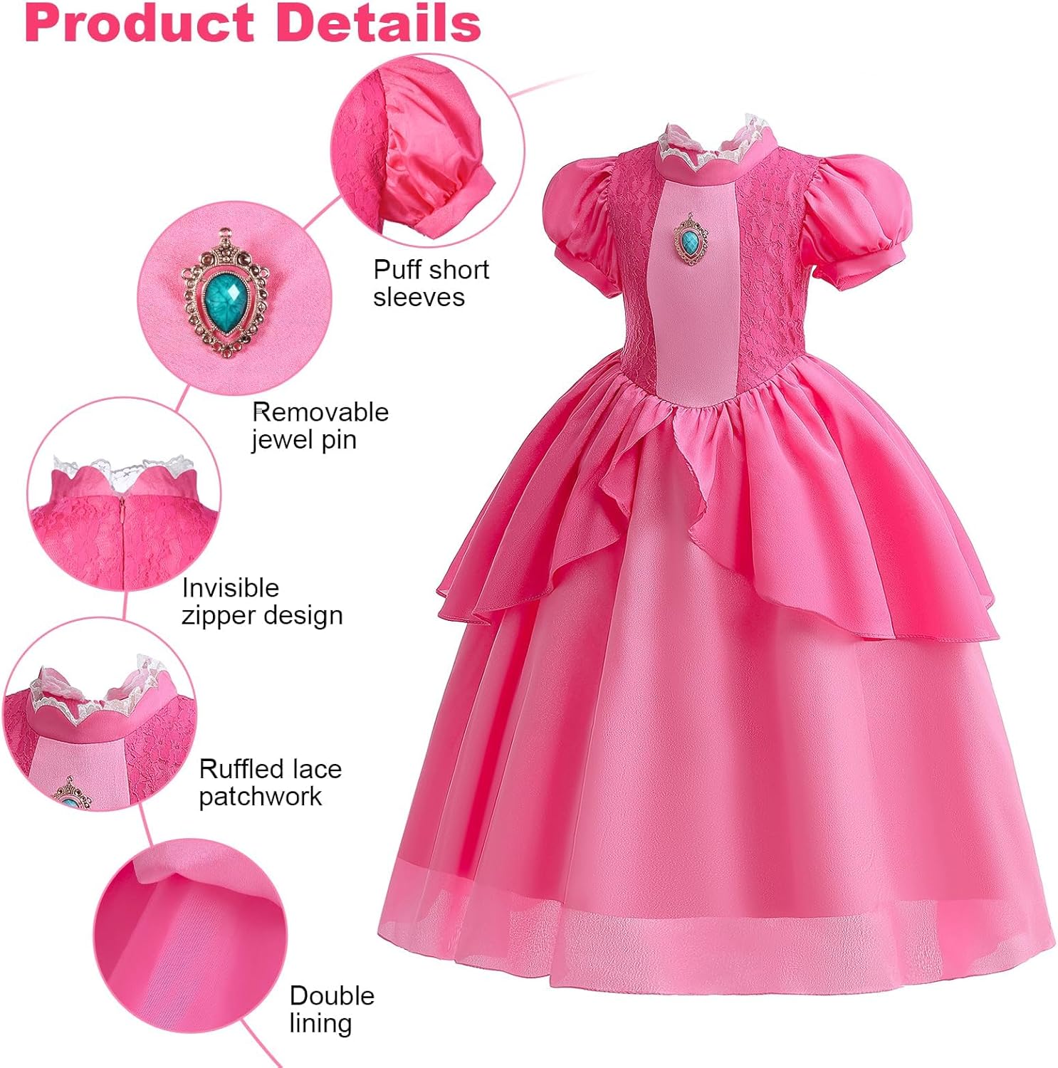 Detalle de Aomig Peach Princess Costume per Bambini – 6 pezzi, completo di accessori, taglie 3–10 anni