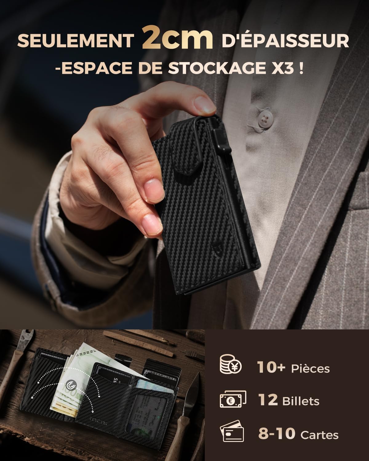Detalle de LORZOR Portefeuille Homme XXL avec Porte-Monnaie et RFID – Cuir Véritable, Fin et Sécurisé