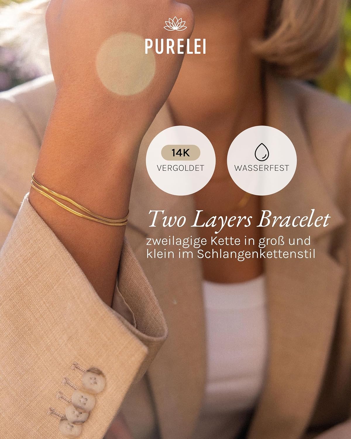 Detalle de Purelei Two Layers Armband Gold – Filigranes Damenarmband aus Edelstahl, verstellbar 16–19 cm