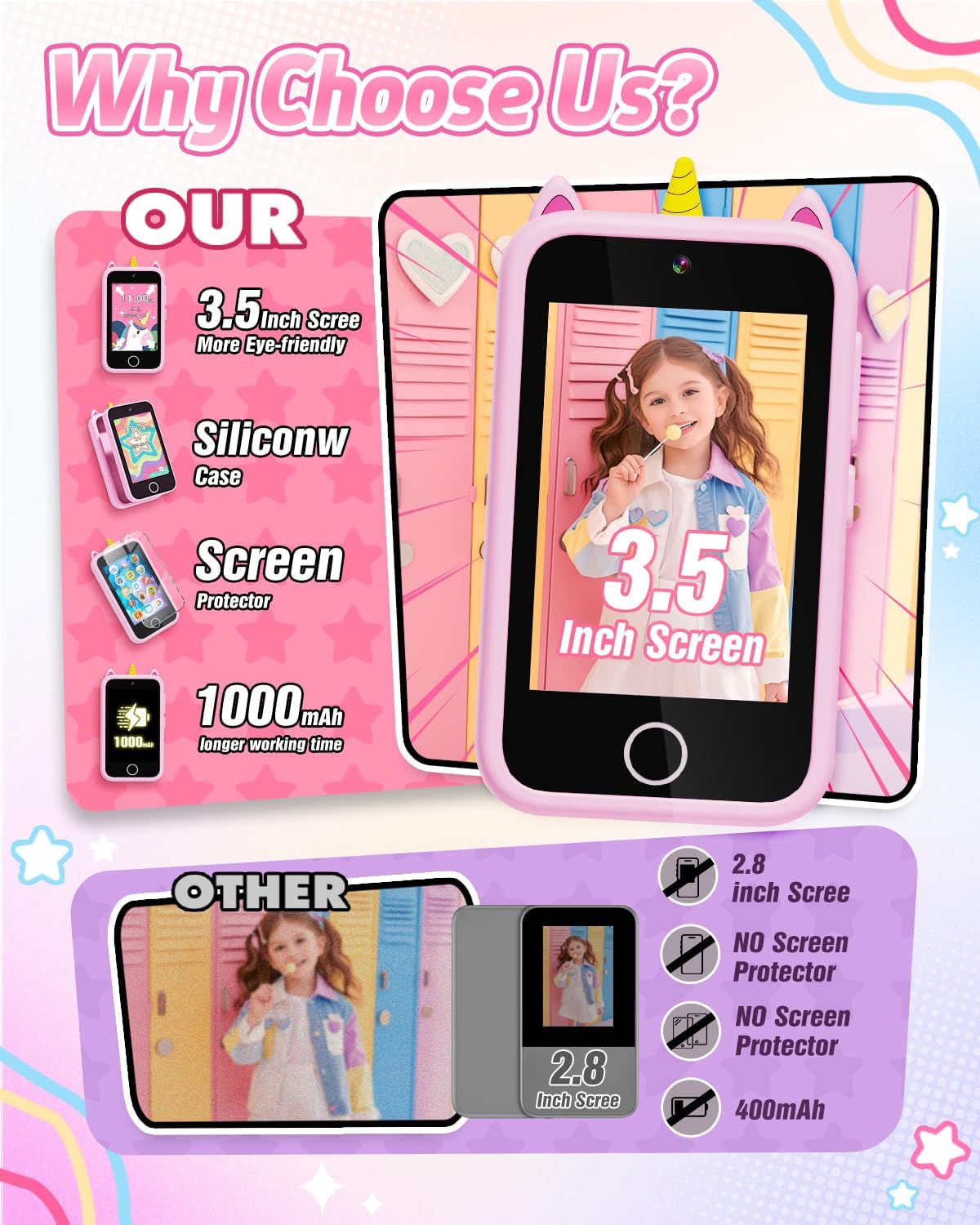 Detalle de Kids Smart Phone Unicorn Toy Phone (3.5") for Girls 3–9+ with Dual Camera, Storytelling, Music Player
