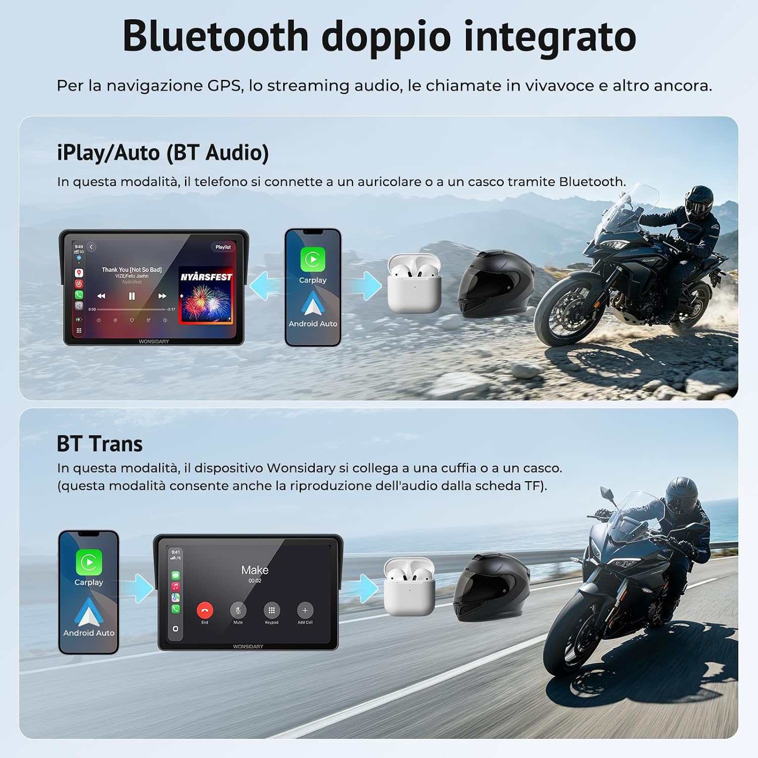 Thumbnail 4 de Wonsidary W722TPMS Schermo CarPlay Moto 7" Wireless con Android Auto, TPMS e GPS IP67