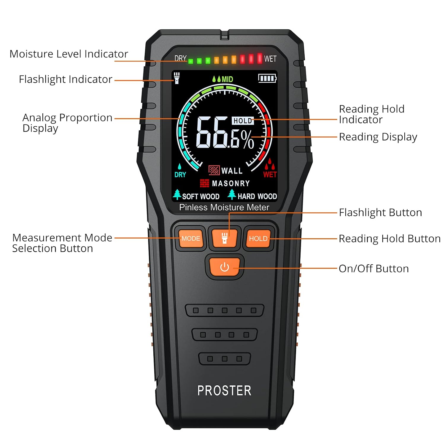 Thumbnail 1 de PROSTER PST199-P Pinless Wood Moisture Meter with LED and Audible Alarms