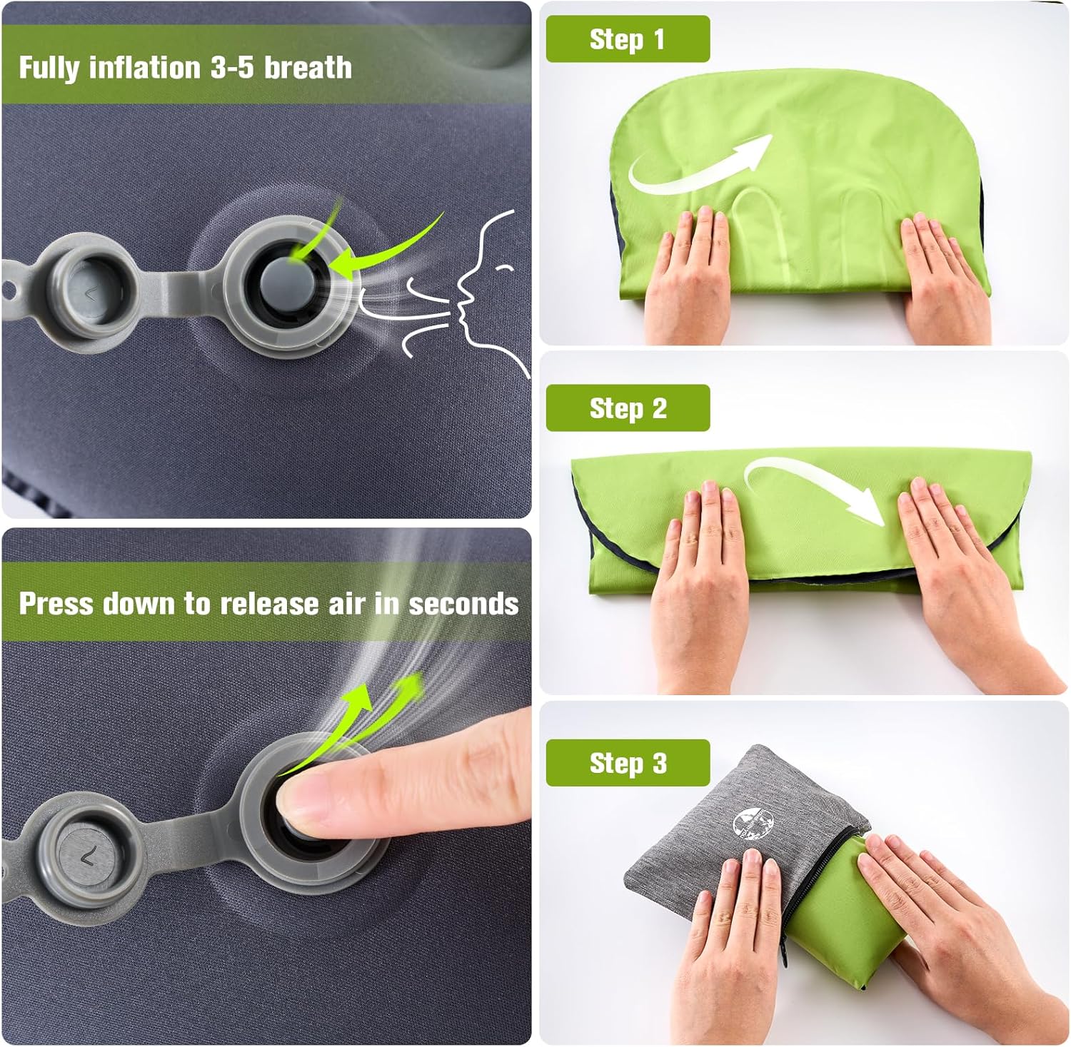 Detalle de JetsCush Camping Kissen Aufblasbar Ultraleicht – Ergonomisches Reise-Kopfkissen in Grün
