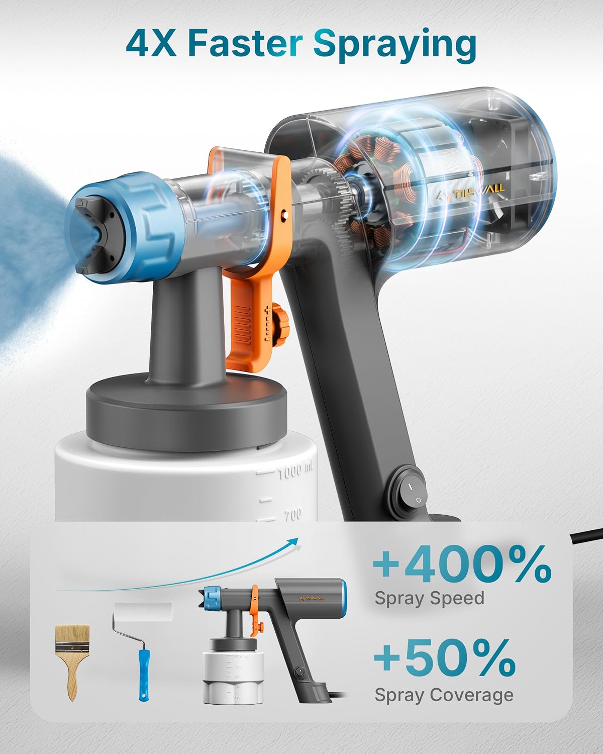 Thumbnail 1 de Tilswall Paint Sprayer 600W HVLP: 1000ml Capacity, 3 Nozzles & 3 Patterns