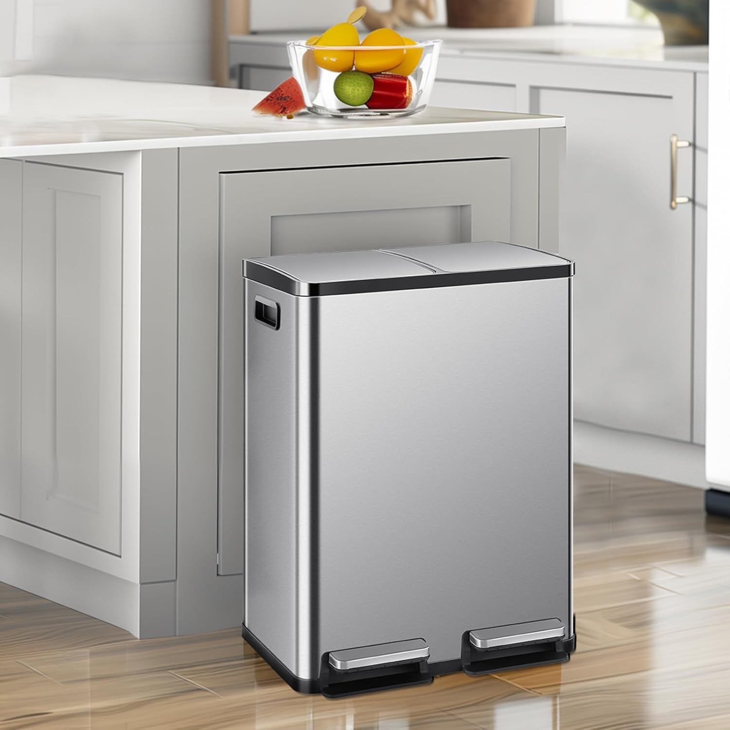 Thumbnail 1 de DUMOS Kitchen Trash Can: 2×8-Gallon Stainless Steel Dual-Bucket with Soft-Cclose Lid