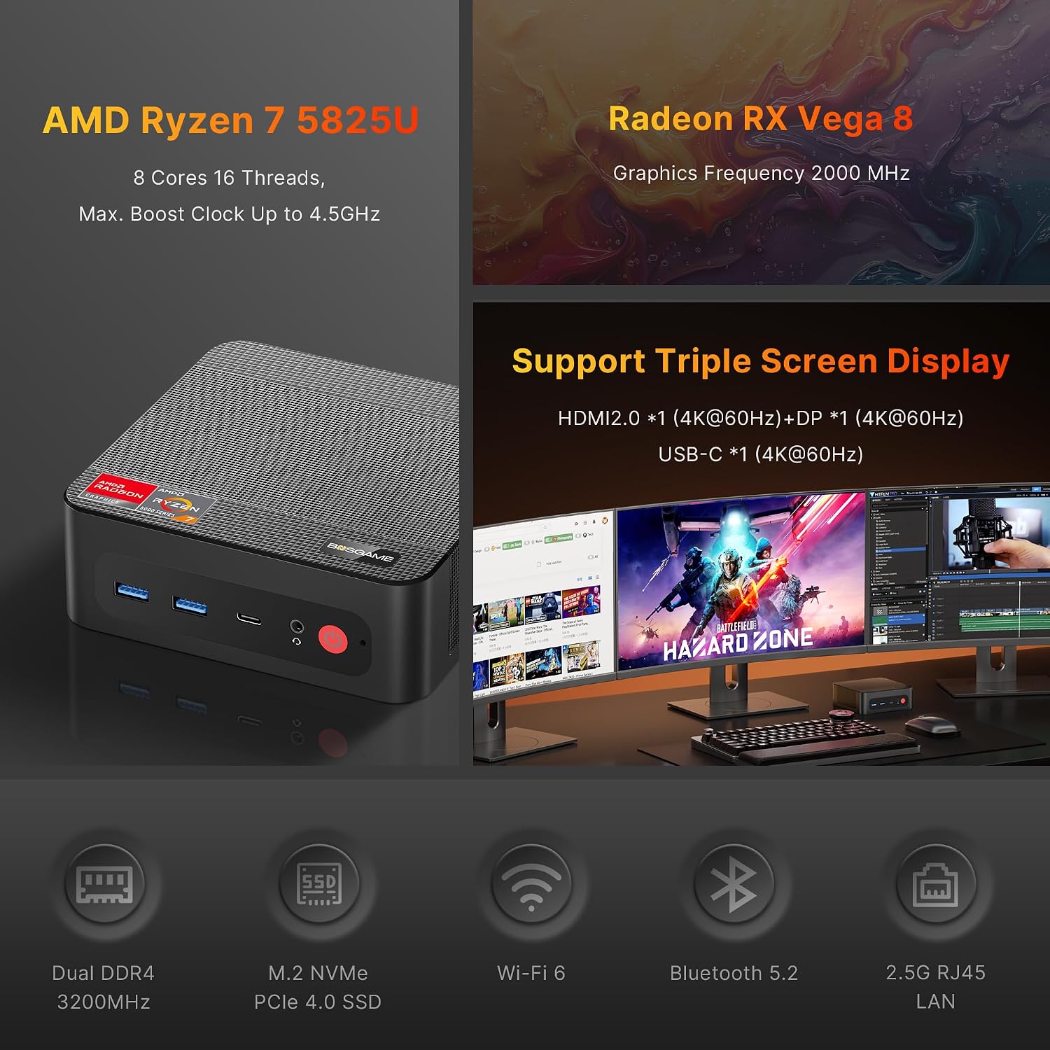 Detalle de BOSGAME P4 Plus Mini PC Ryzen 7 7730U (Upgraded 5825U) review