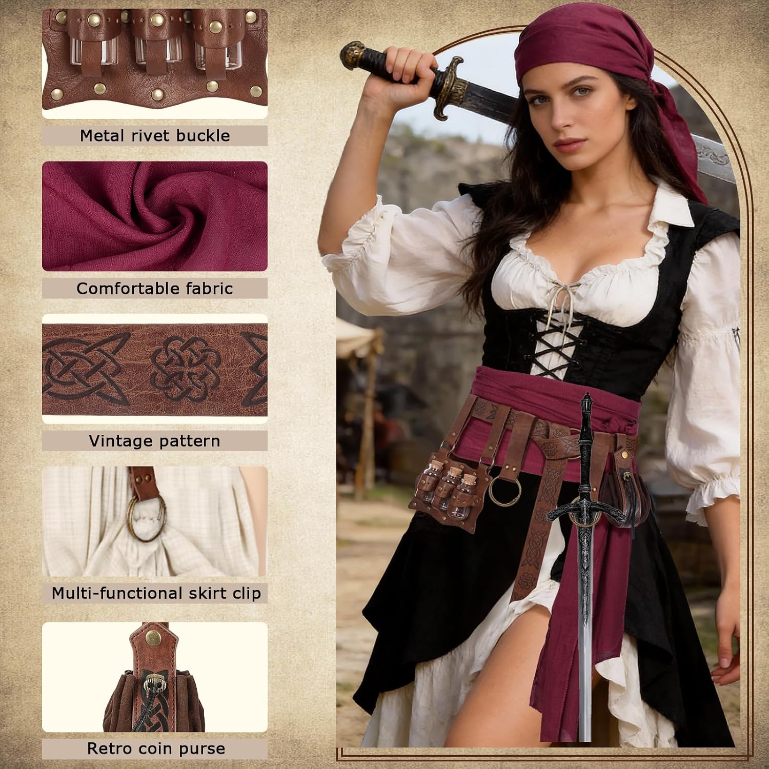 Detalle de bcehyaa Pirate Costume Accessories Set with Adjustable Belt and Faux-Leather Pouch