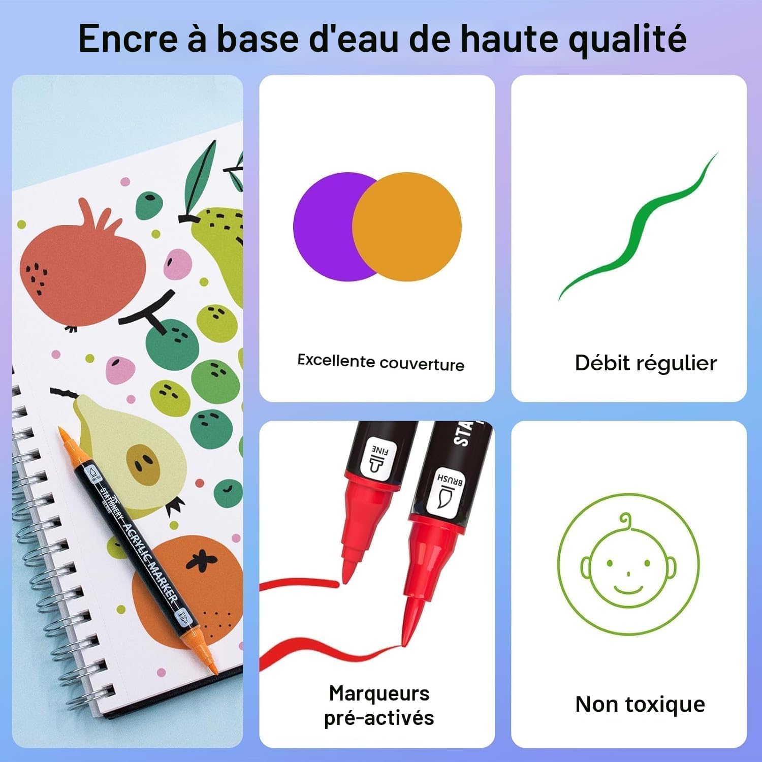 Thumbnail 3 de STATIONERY ISLAND Feutre Acrylique – Ensemble 36 couleurs, double pointe (fine et pinceau) pour roche, tissu, bois, verre et papier