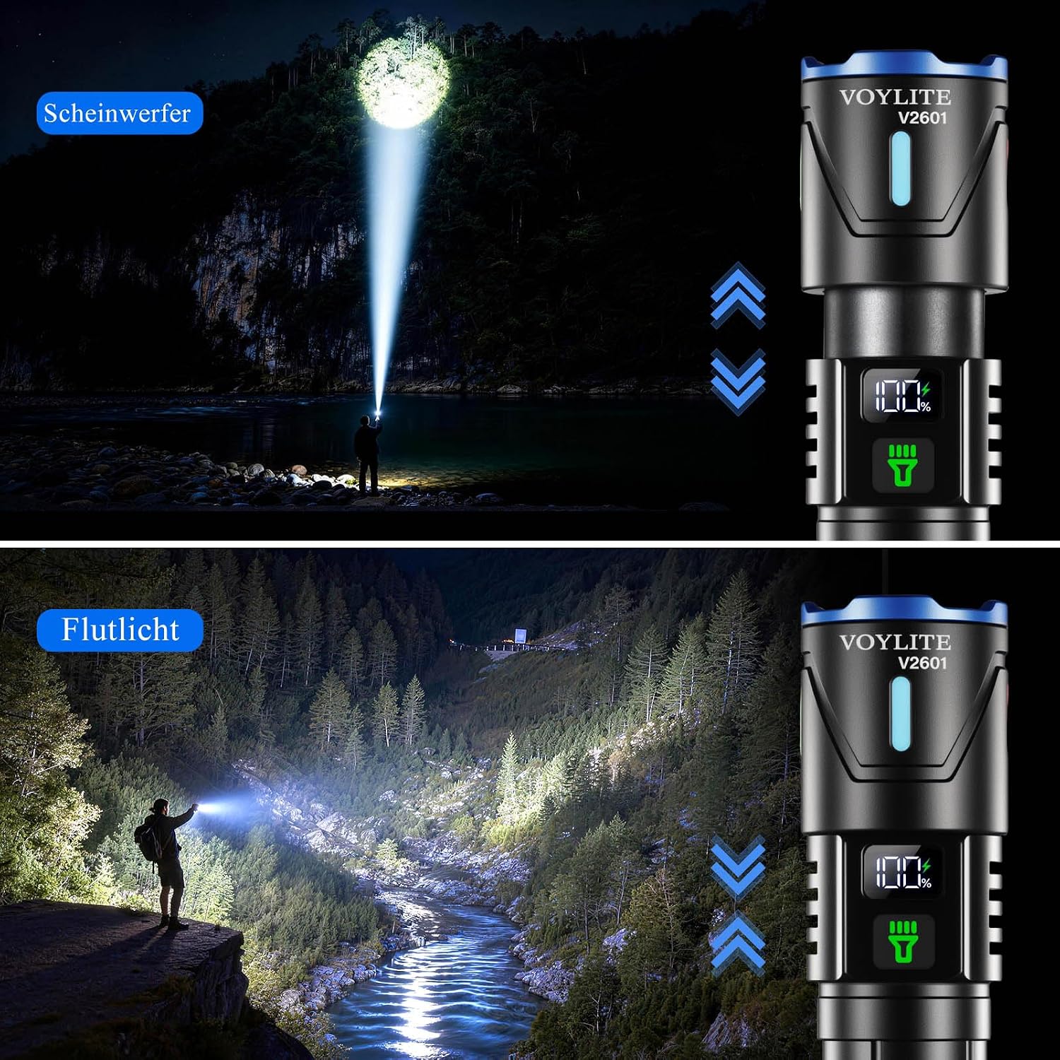 Detalle de Voylite Taschenlampe LED Aufladbar 2-Stück – 1000000 Lumen Extrem Hell
