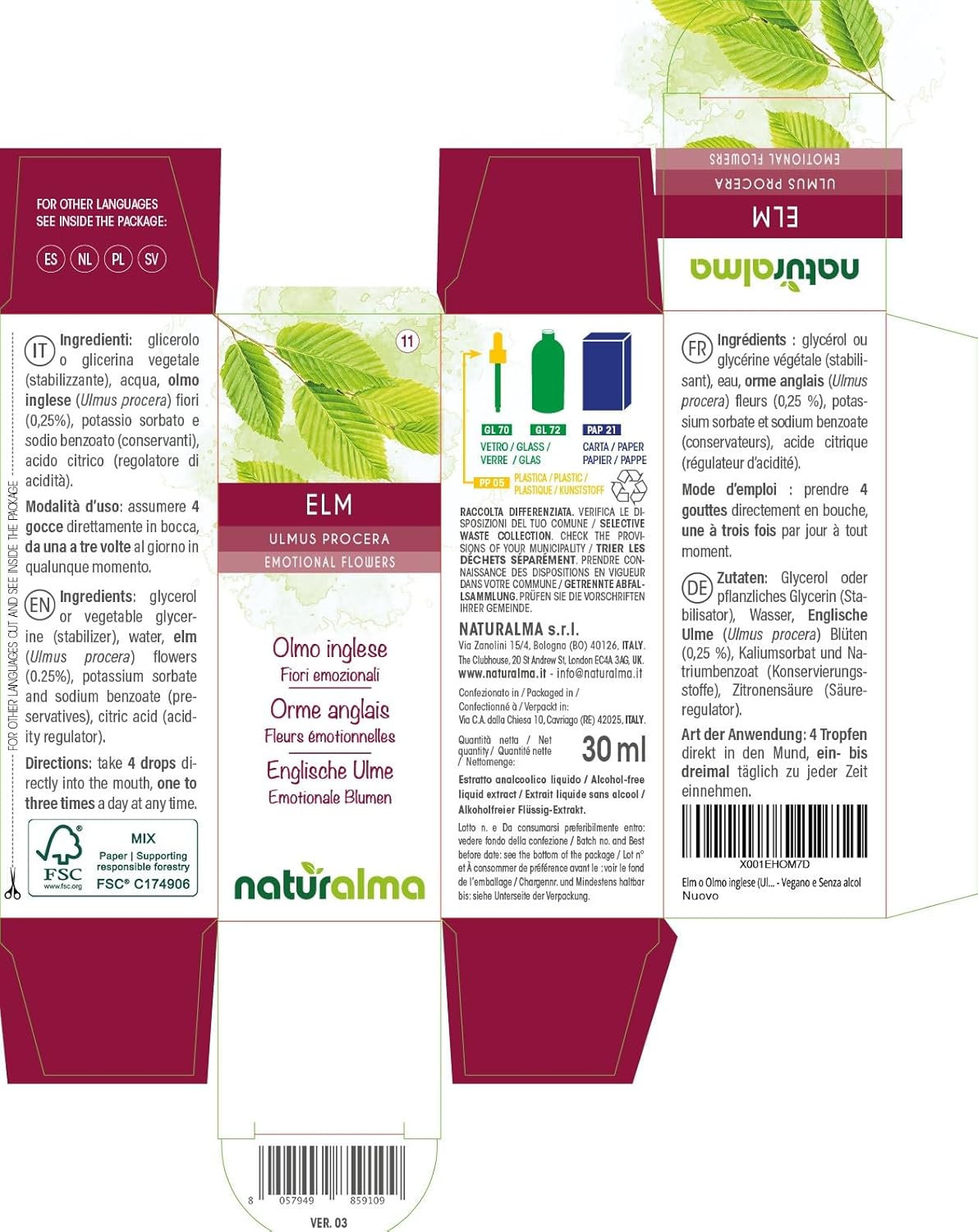 Detalle 2 de Elm o Olmo inglese (Ulmus procera) Fiori emozionali Naturalma – Gocce 30 ml (analcoliche)
