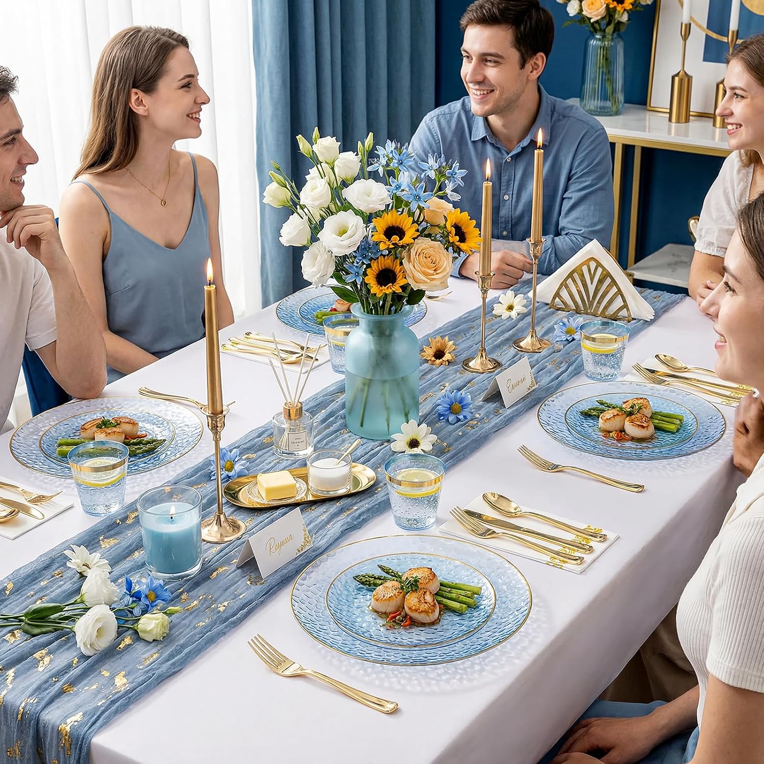 Thumbnail 5 de Rubtlamp 350 Pcs Blue Gold Hammered Plastic Dinnerware Set for 50 Guests