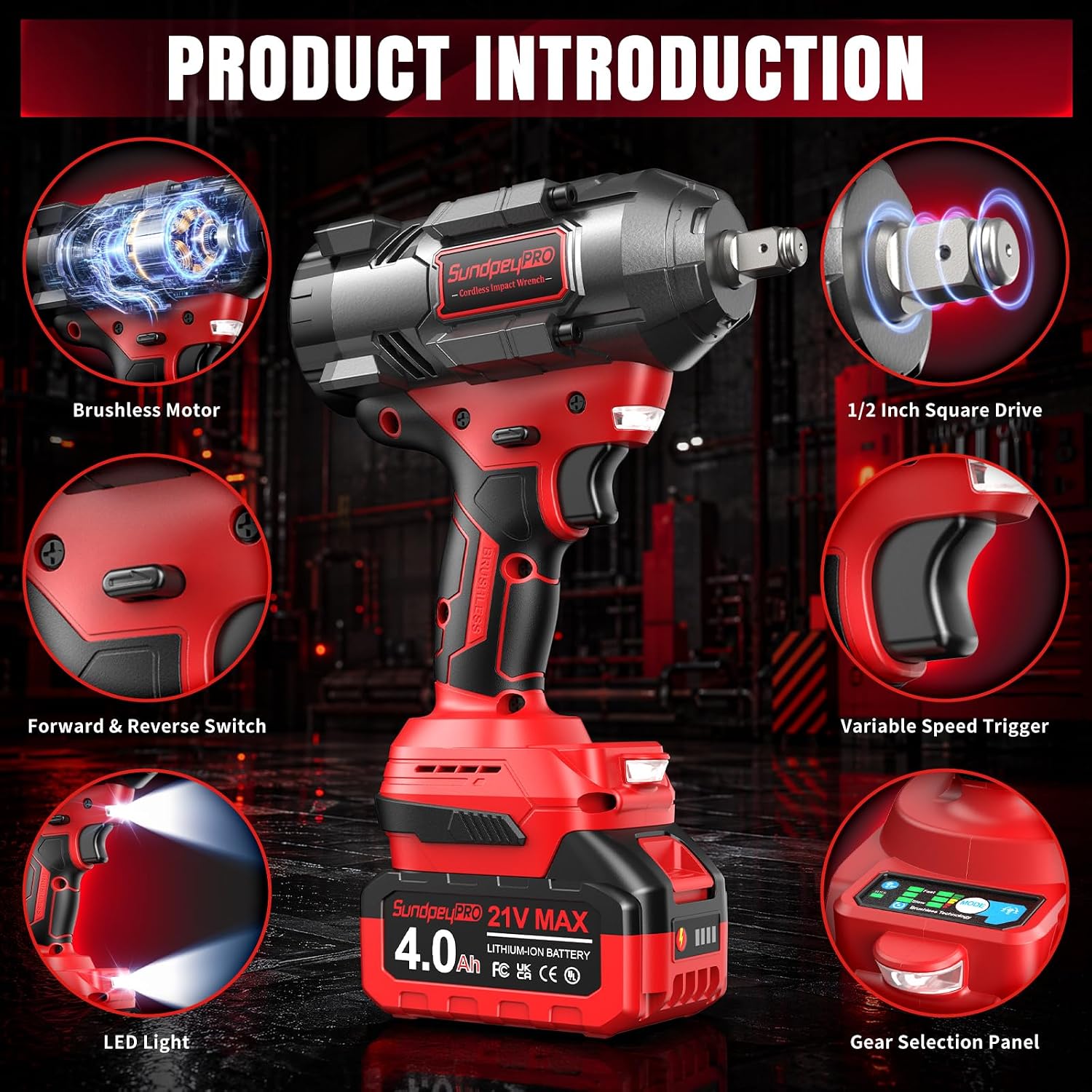 Thumbnail 2 de SundpeyPRO 1/2-Inch Cordless Impact Gun – 21V Brushless Wrench with 1480N·m, 2×4.0Ah Batteries & RSS, Case