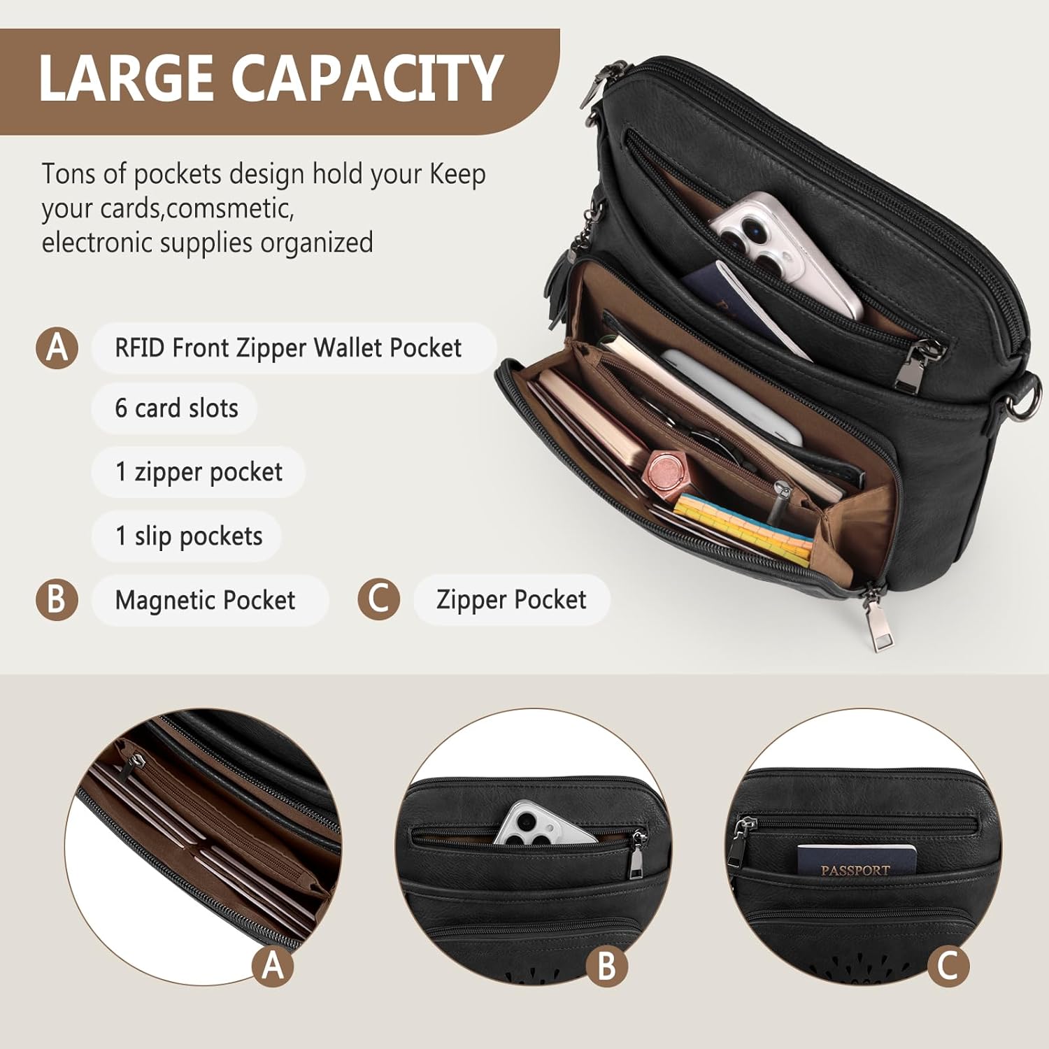 Thumbnail 1 de RAINSMORE Umhängetasche Damen Mittelgroß – Crossbody mit integrierter Geldbörse und verstellbarem Gurt