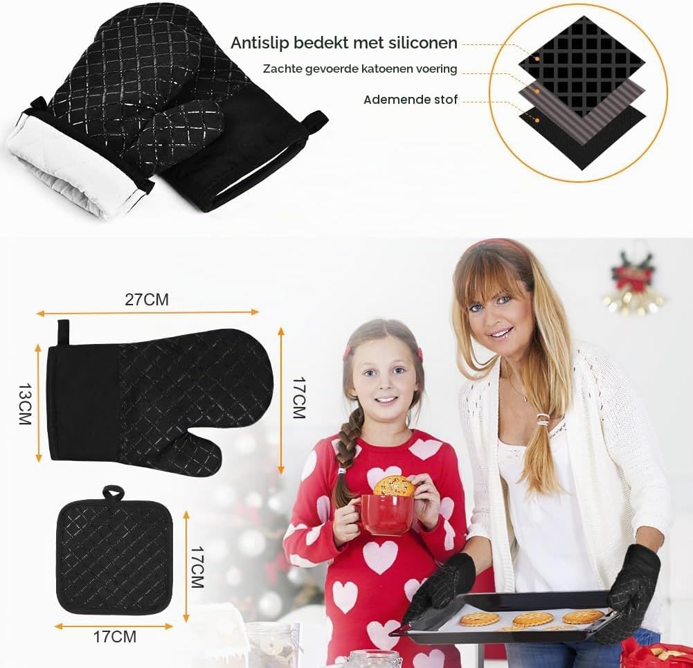 Detalle 2 de AUAUY M1-3507156 ovenwanten met siliconen antisliplaag, 230 °C, zwart