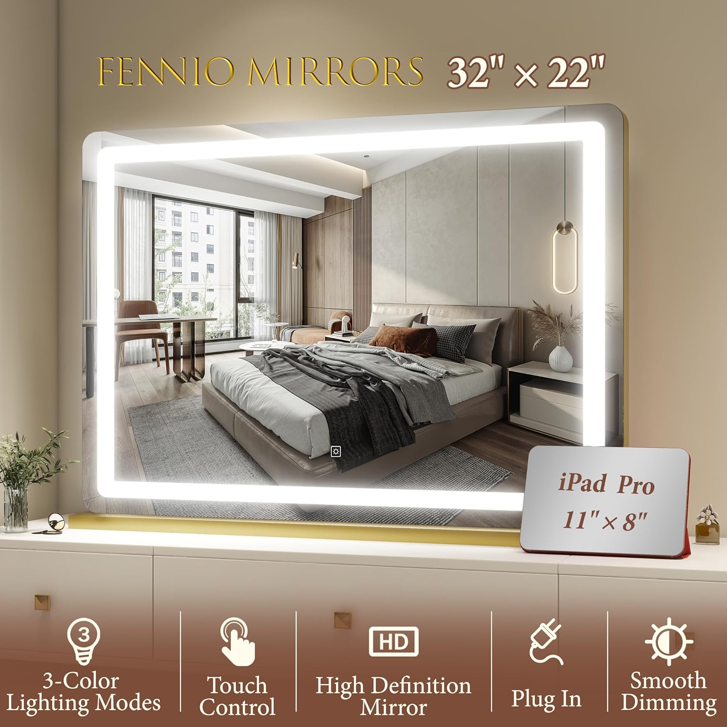 Thumbnail 4 de FENNIO Vanity Mirror with Lights 32"x22" — Lighted Makeup Mirror with 3-Color Lighting, Touch Sensor & USB Charging (Gold)