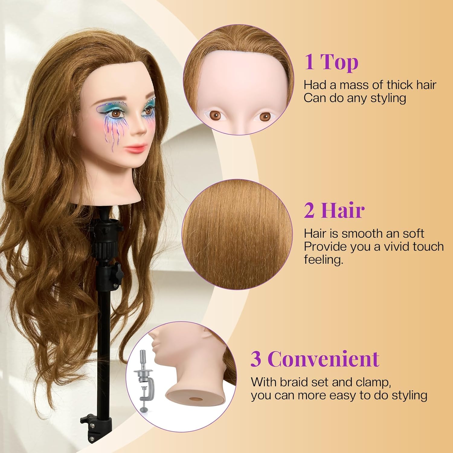 Detalle de Mannequin Head with 80% Real Human Hair + Tripod Stand for Hair Styling and Training