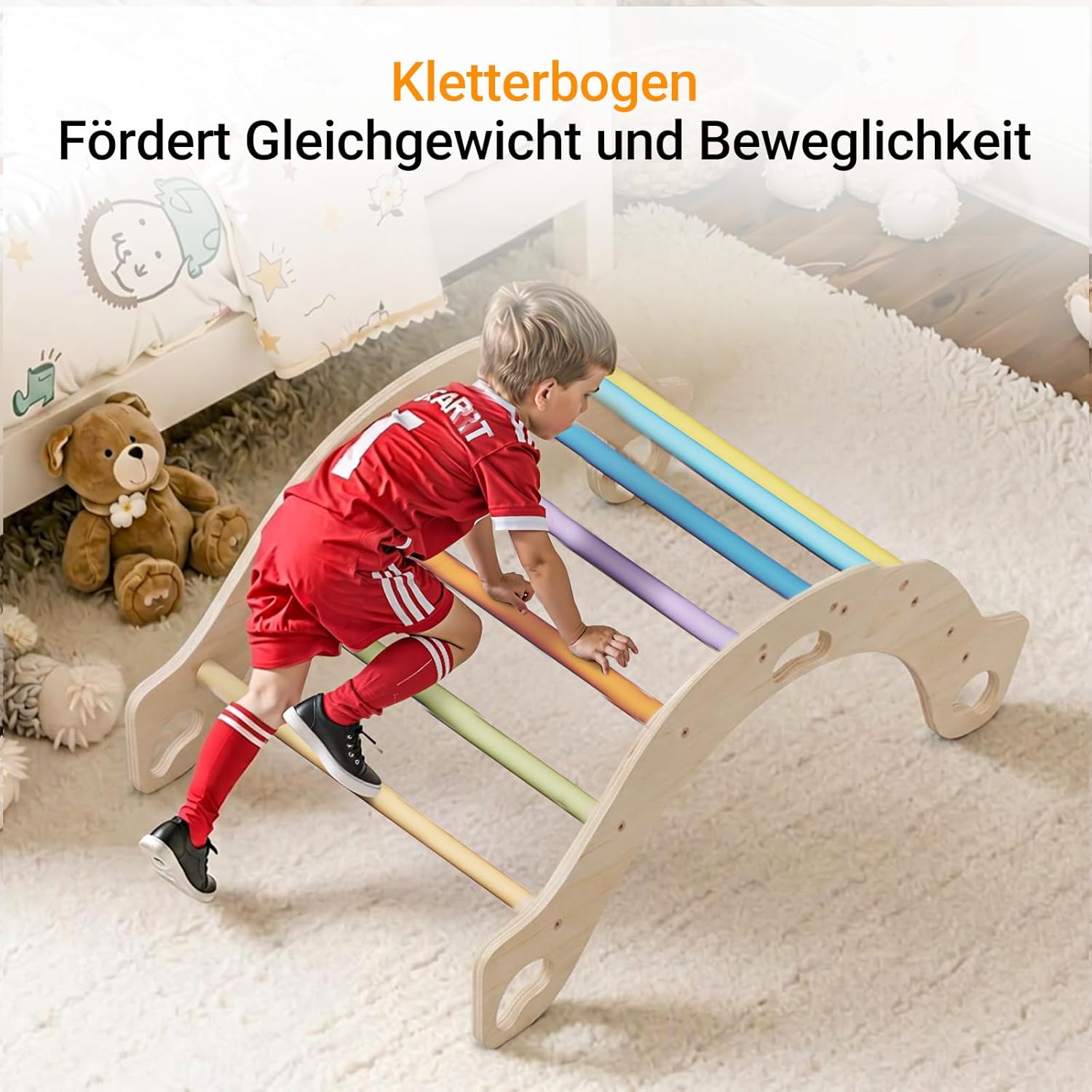 Thumbnail 3 de COSYLAND Montessori Kletterbogen aus Holz mit Kissen – Regenbogen, ab 1 Jahr, Indoor-Kletterbogen zum Klettern, Krabbeln und Wippen