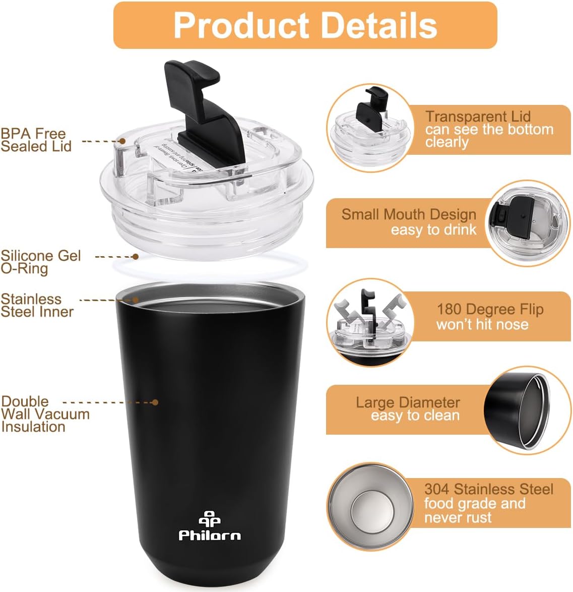 Detalle de PHILORN P922 geïsoleerde reismok 380 ml, dubbelwandig en zwart