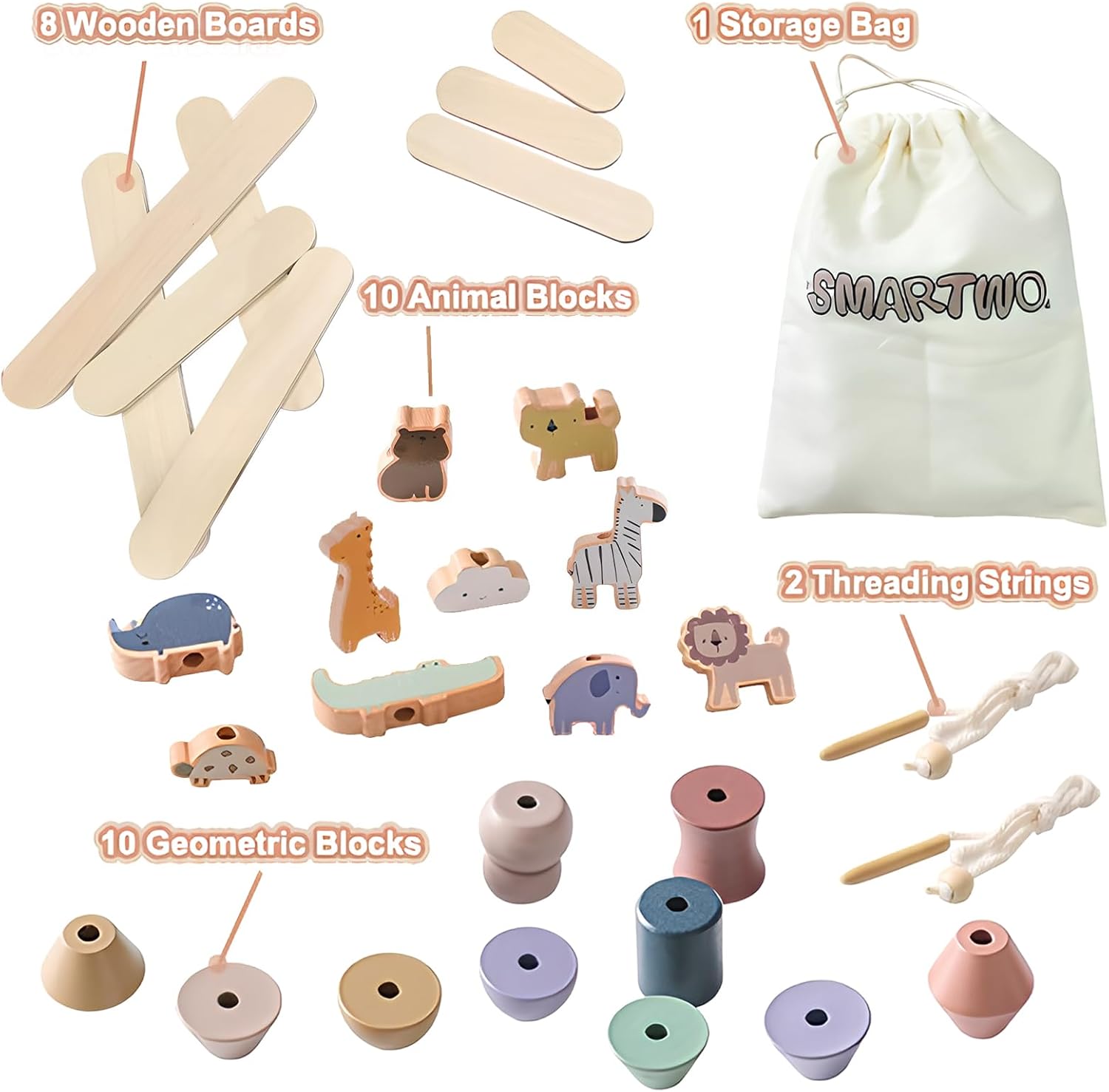 Thumbnail 4 de Smartwo Wooden Animal Threading and Stacking 30 pack