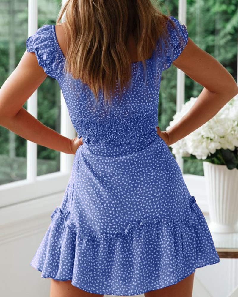 Thumbnail 2 de YOBECHO Womens Summer Ruffle Sleeve Sweetheart Neckline Printing Dress