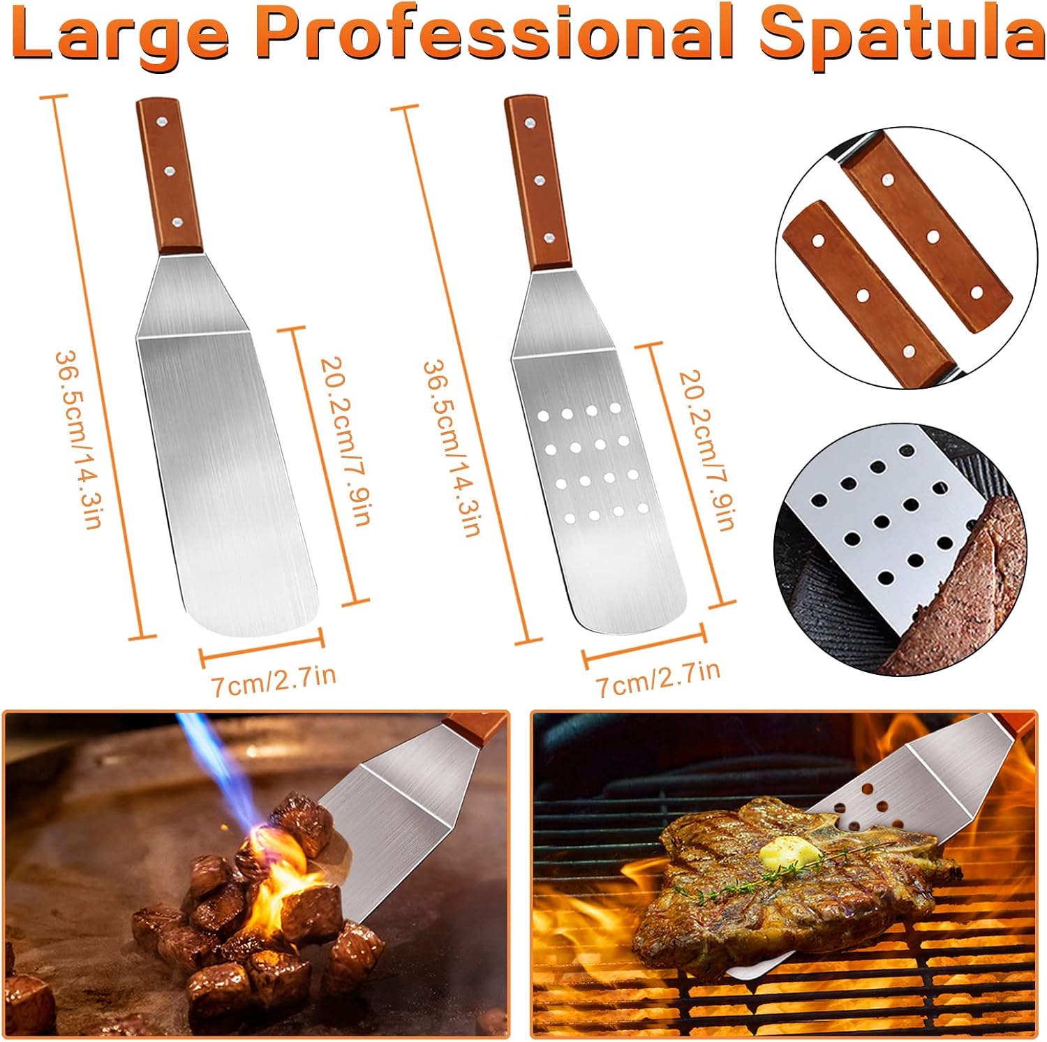 Detalle de MAIKEHIGH lot d’accessoires pour plancha 8 pièces en inox (spatules, tourne-hamburger, pinces, bouteilles et brosse)