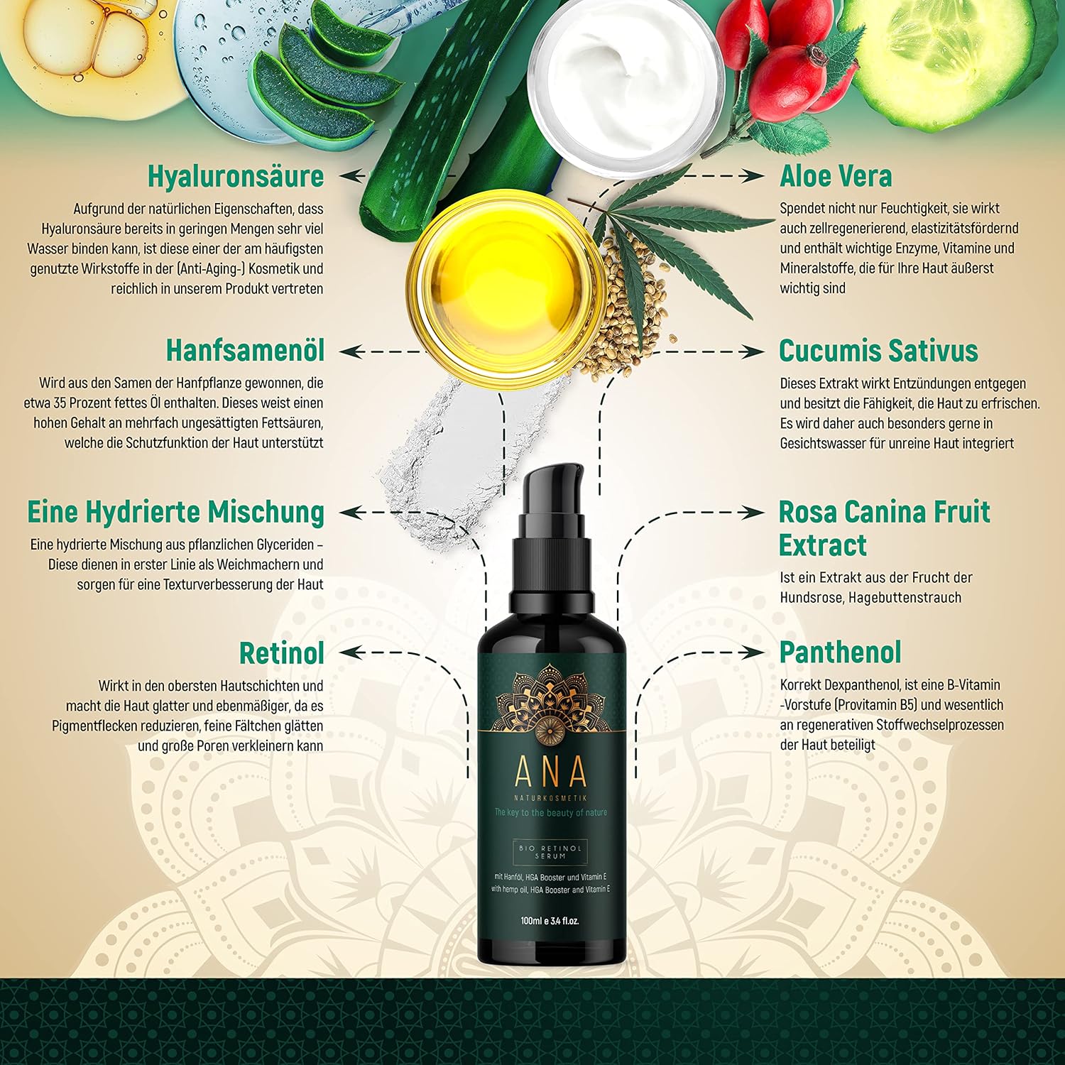 Detalle de ANA Naturkosmetik Bio Retinol Serum (hochdosiert) mit Hanfsamenöl, 100 ml – vegan & Made in Germany