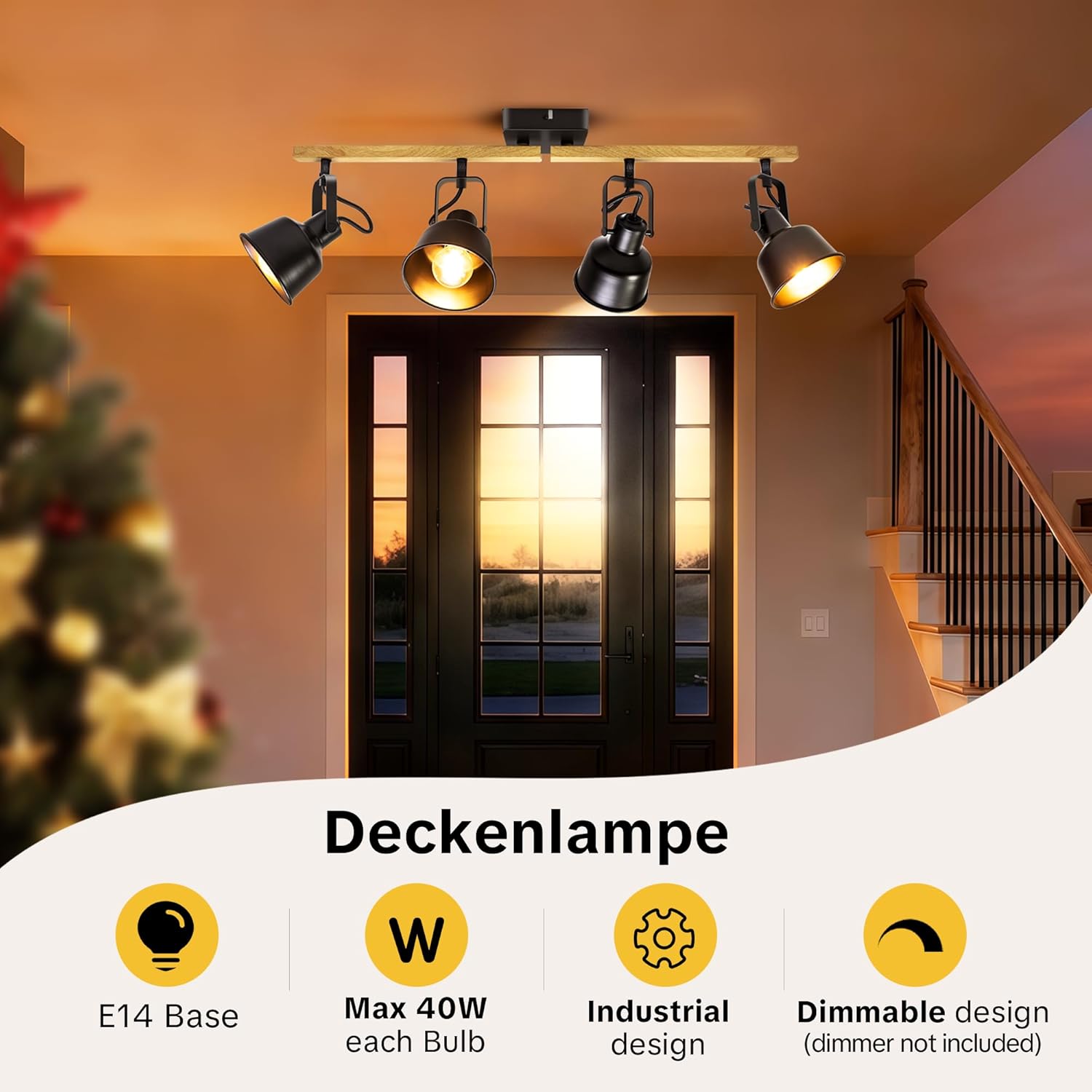 Thumbnail 1 de Deckenstrahler 4-flammig, schwenkbar (350°) – Vintage LED Deckenleuchte mit E14-Fassung, Schwarz (ohne Leuchtmittel)