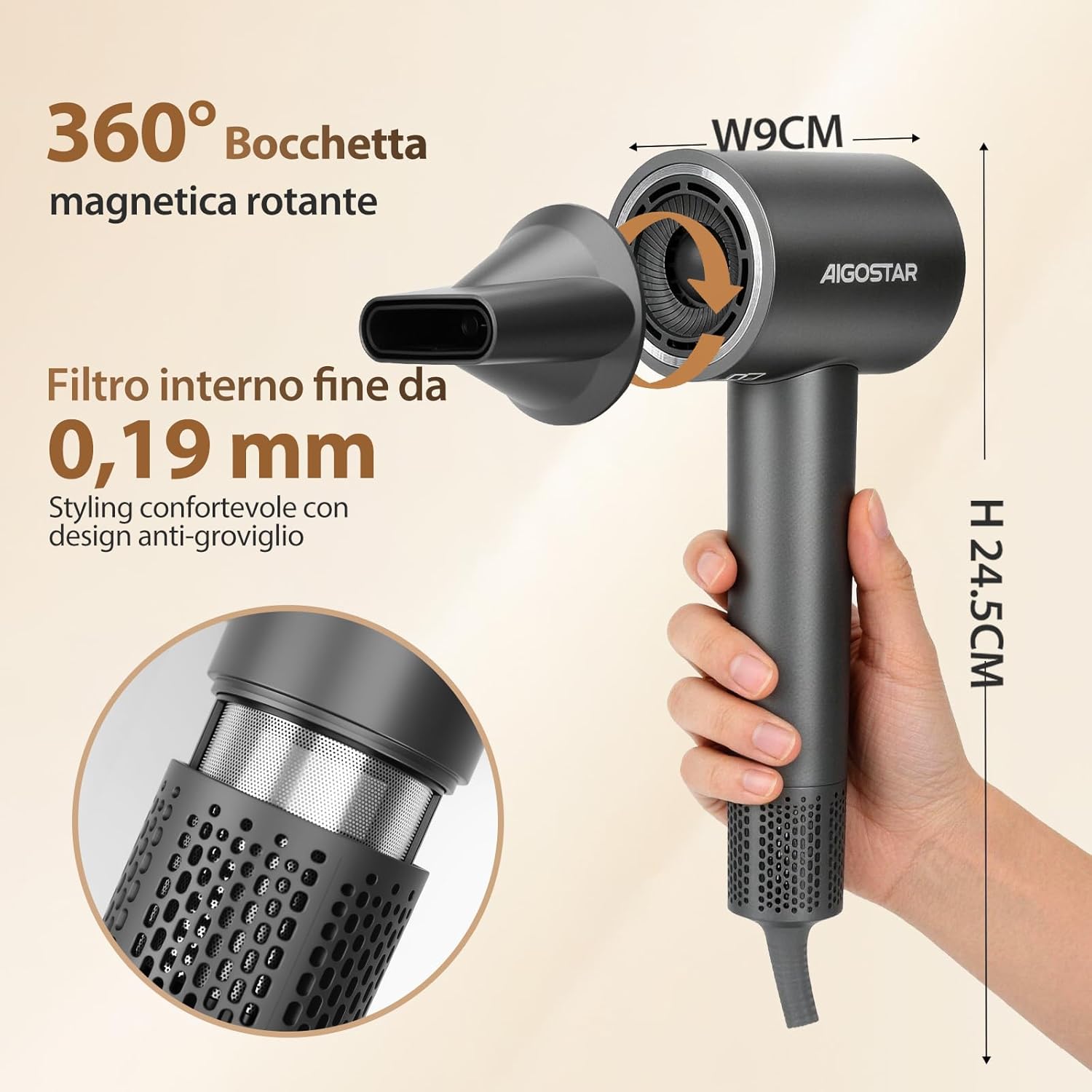 Thumbnail 5 de Aigostar Phon Capelli Professionale 2200W con Ioni Negativi e motore Brushless 110.000 giri/min