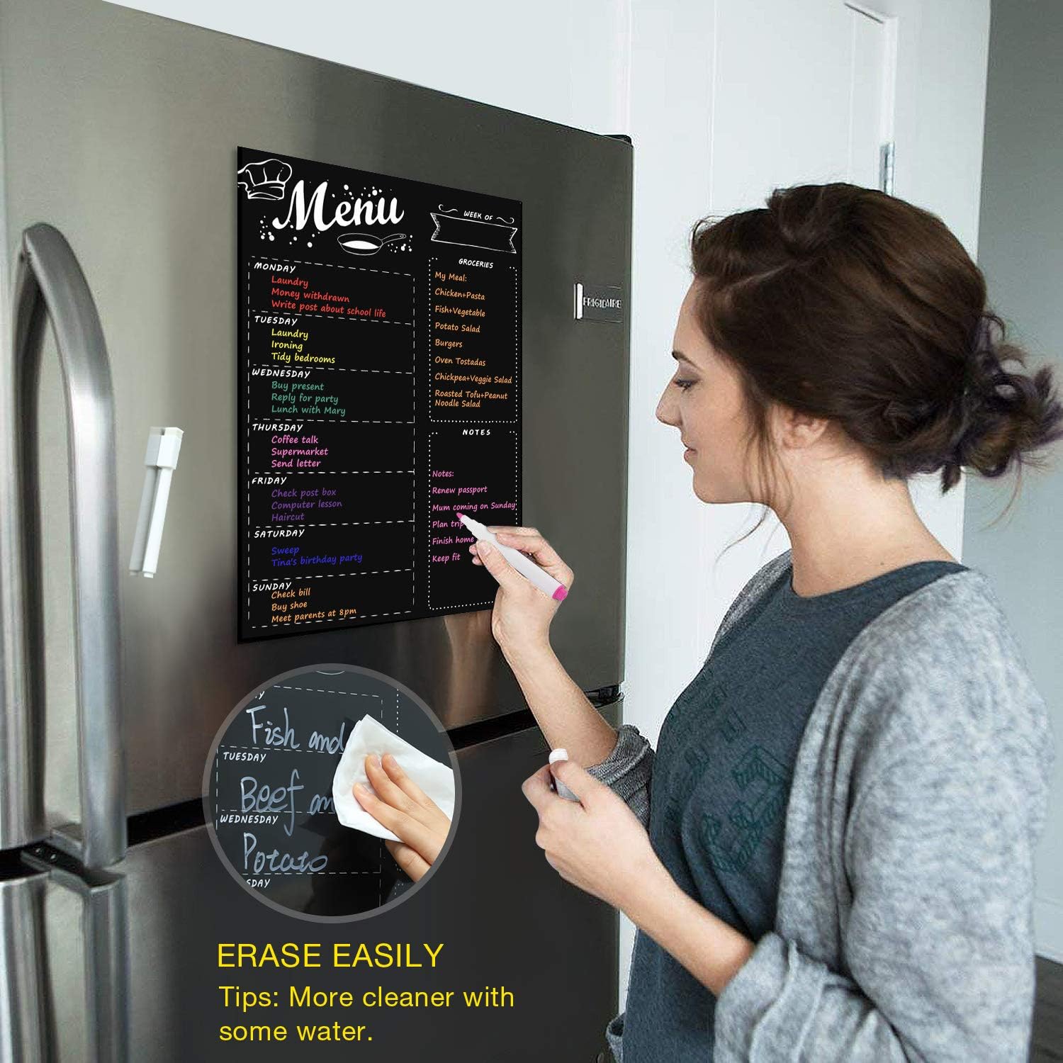 Detalle 2 de MoKo P6492 Magnetic Weekly Meal Planner, 16 × 12 in, Black, 8 Markers