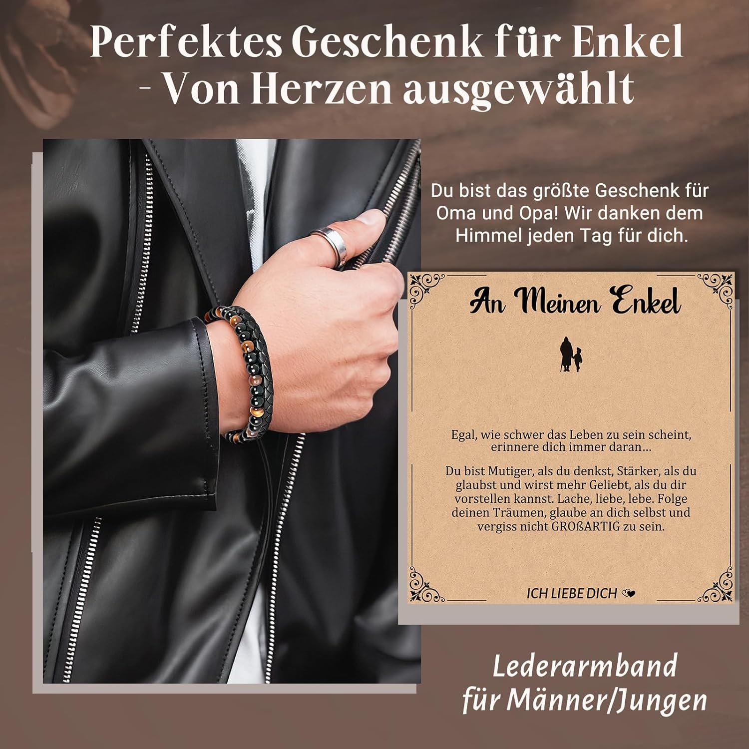 Thumbnail 2 de YIBONIKA Lederarmband mit Tigerauge-Edelsteinperlen & Achat – Geschenkbox inkl.