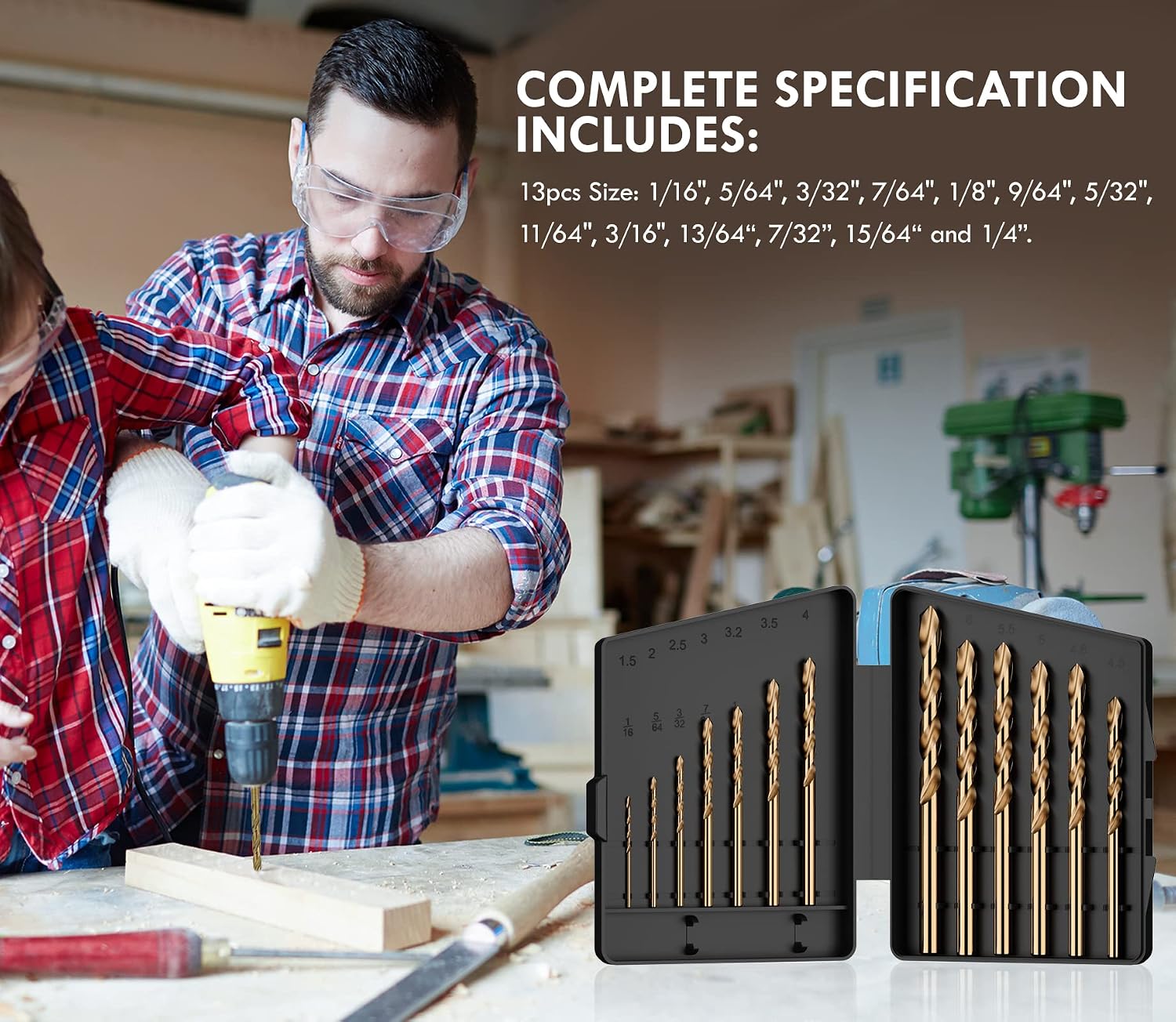 Detalle de MACXCOIP Cobalt Drill Bit Set, 13-Piece M35 HSS, 1/16"–1/4