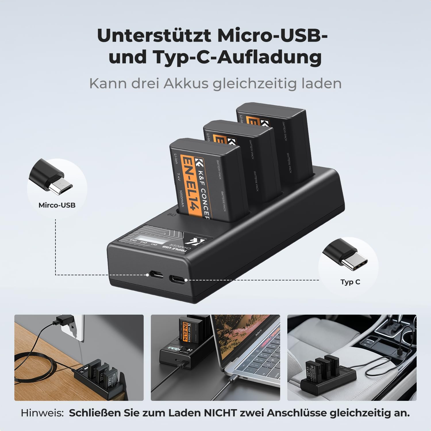Detalle 2 de K&F CONCEPT EN-EL14/EN-EL14a 3er-Pack Akku + LCD-Ladegerät – kompatibel mit Nikon D5300/D5600 u. a.