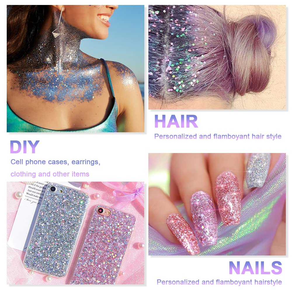 Detalle de URAQT Body Glitter Gel „Chunky Glitter“ (Silber) – glitzerndes Körpergel für Gesicht, Haare, Lippen, Nägel