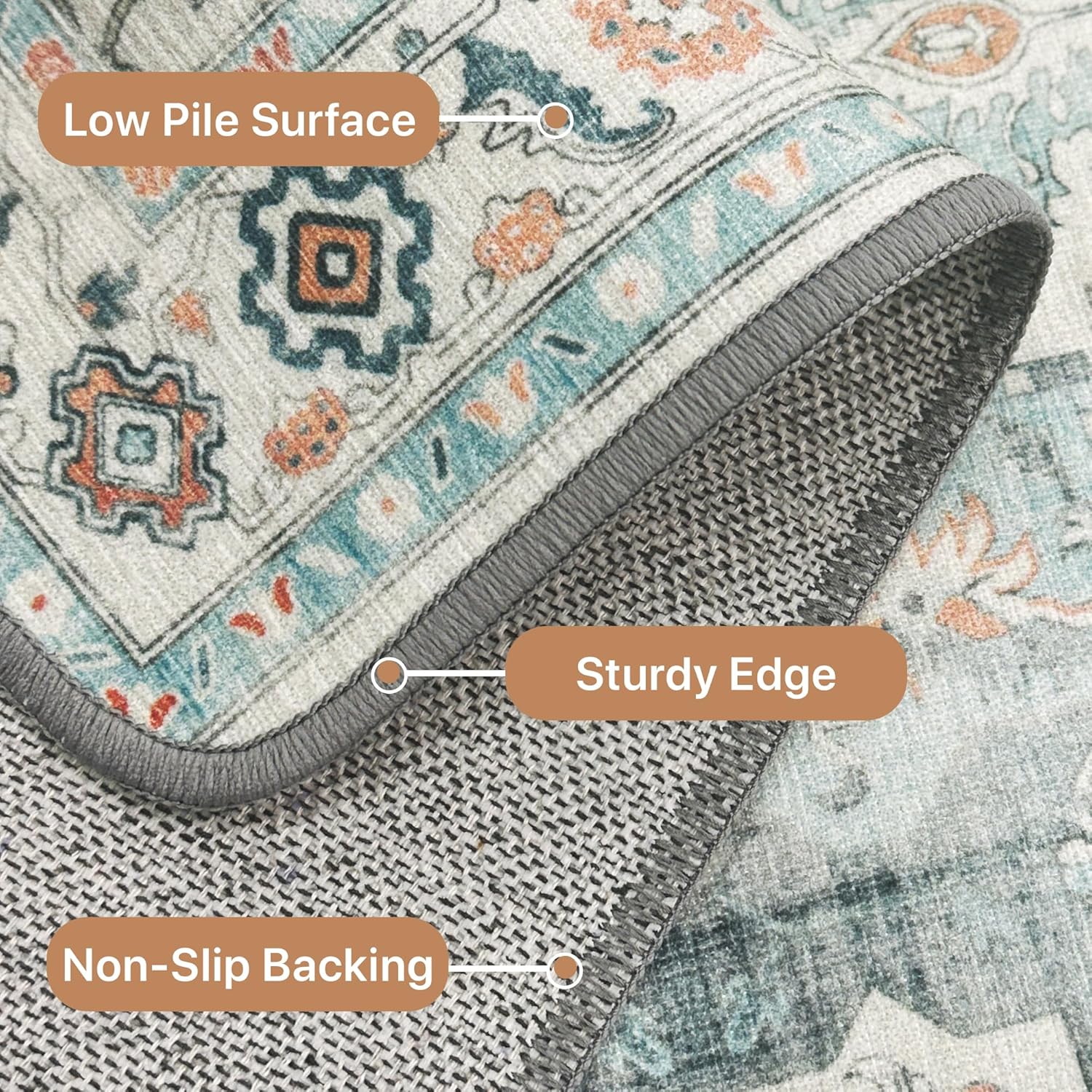 Thumbnail 6 de GENIMO 8x10 Turquoise & White Area Rug — Non-Slip, Machine Washable, Low-Pile Vintage Print for Living Room