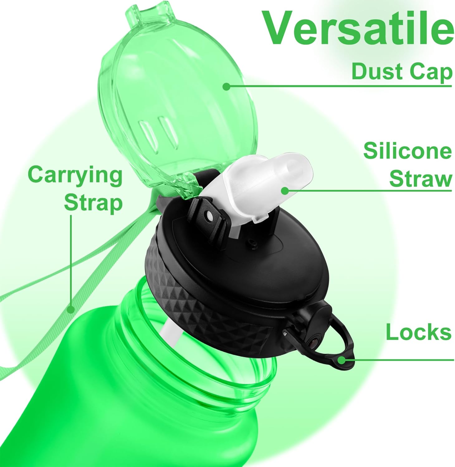 Thumbnail 2 de GOPPUS 350ml/12oz kids water bottle with straw, flip-top lid and strap (leakproof, BPA-free, grass green)