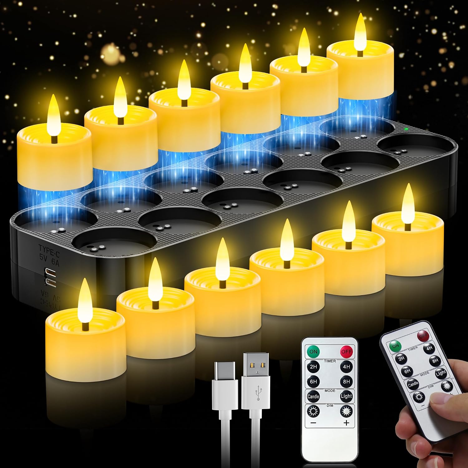 Detalle de YiaMia LZ040-4 Rechargeable LED Tea Lights, 12-Pack with Remote and Timer