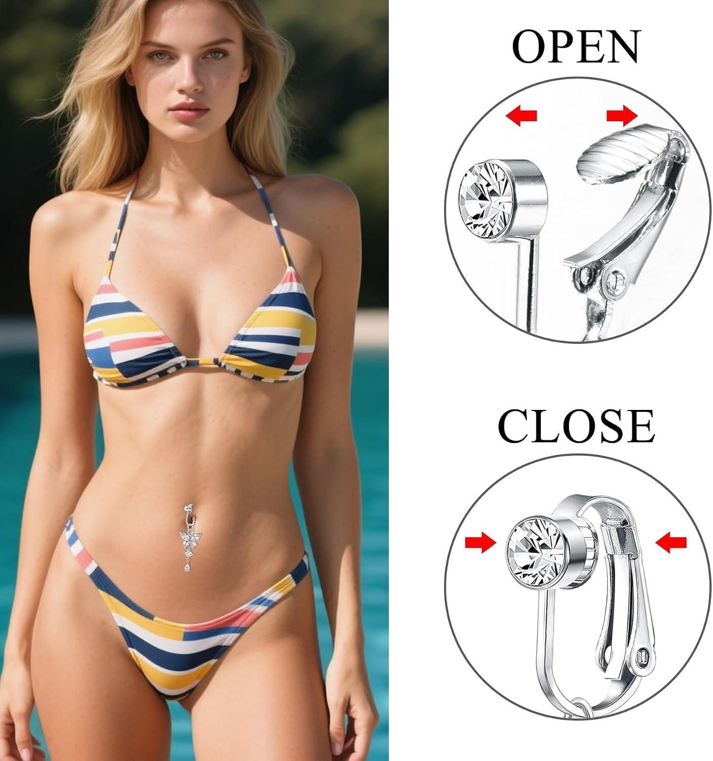 Detalle 2 de Funseedrr Fake Bauchnabelpiercing Clip-Set mit Zirkonia & Anhänger (3-teilig)
