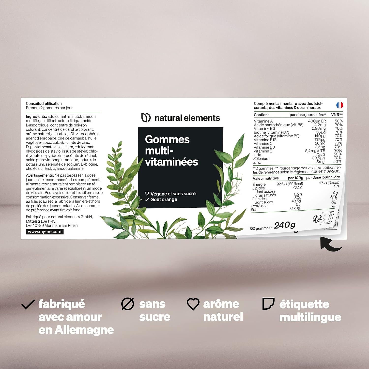 Detalle de natural elements Gommes Multivitamines 120 gummies goût naturel d’orange (adultes)