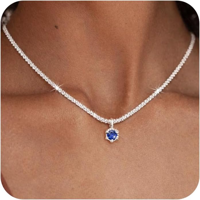 Detalle de Maynor Geburtsstein Halskette Damen – 925 Sterling Silber mit Zirkonia Anhänger in 12 Farben