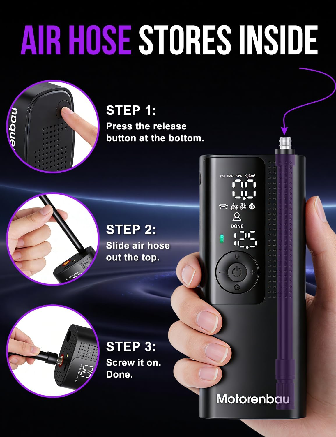 Thumbnail 3 de Motorenbau Tire Inflator Portable Air Compressor: 150 PSI Cordless with LCD, LED, and Auto Shutoff