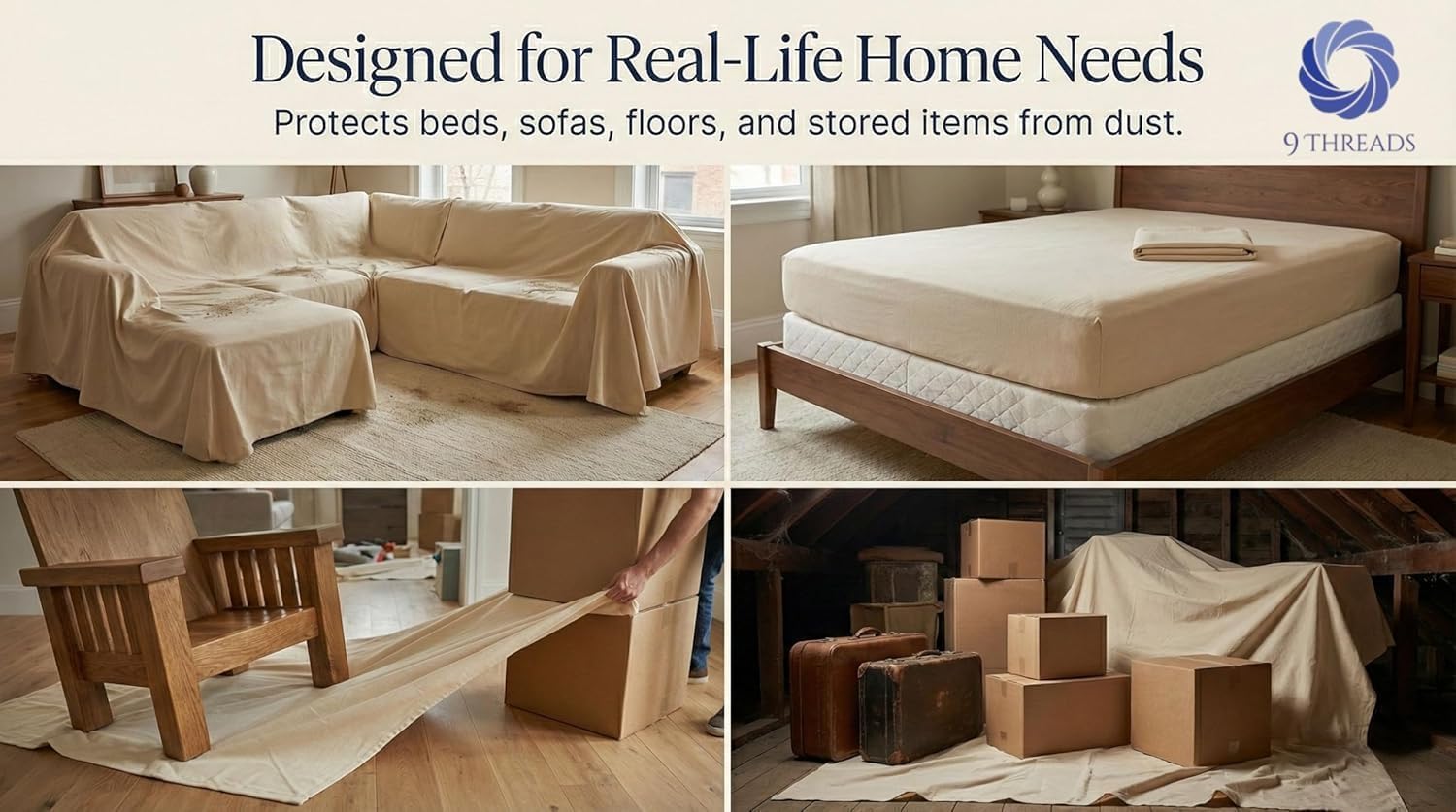 Thumbnail 1 de 9Threads Cotton Dust Sheets for Stairs: Washable, Reusable Protection for Decorating and Renovation