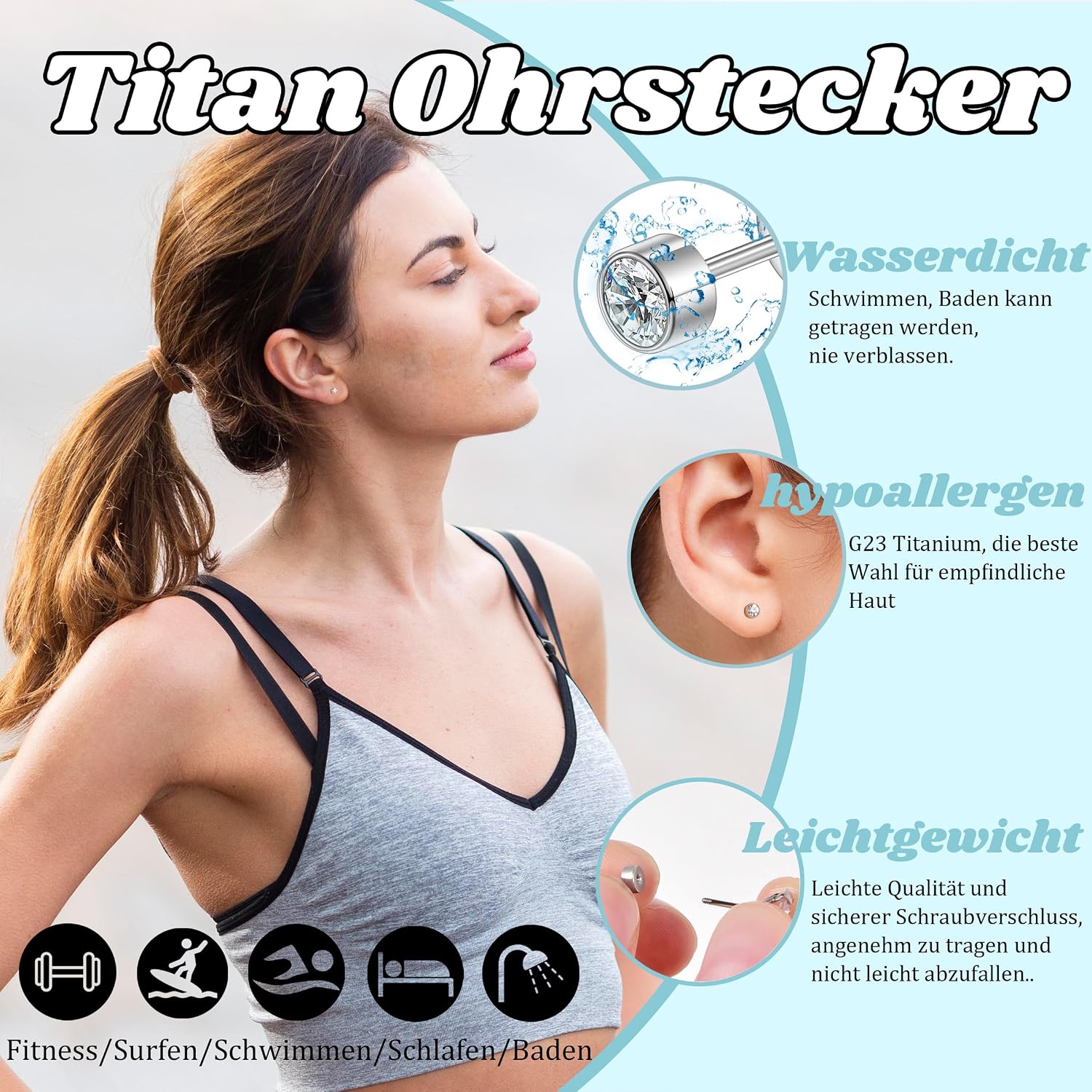 Detalle 2 de Titan Ohrstecker Hypoallergen (G23) mit Schraubverschluss und Zirkonia – 3 mm/4 mm/5 mm