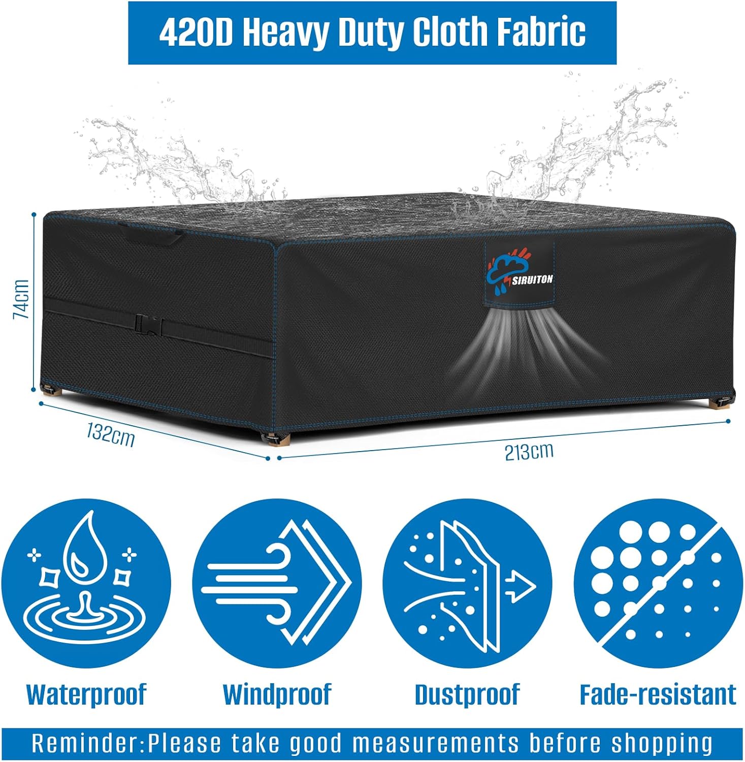 Thumbnail 4 de SIRUITON copertura da giardino in tessuto Oxford 420D impermeabile e antivento, per tavolo rettangolare 213×132×74 cm (nera)