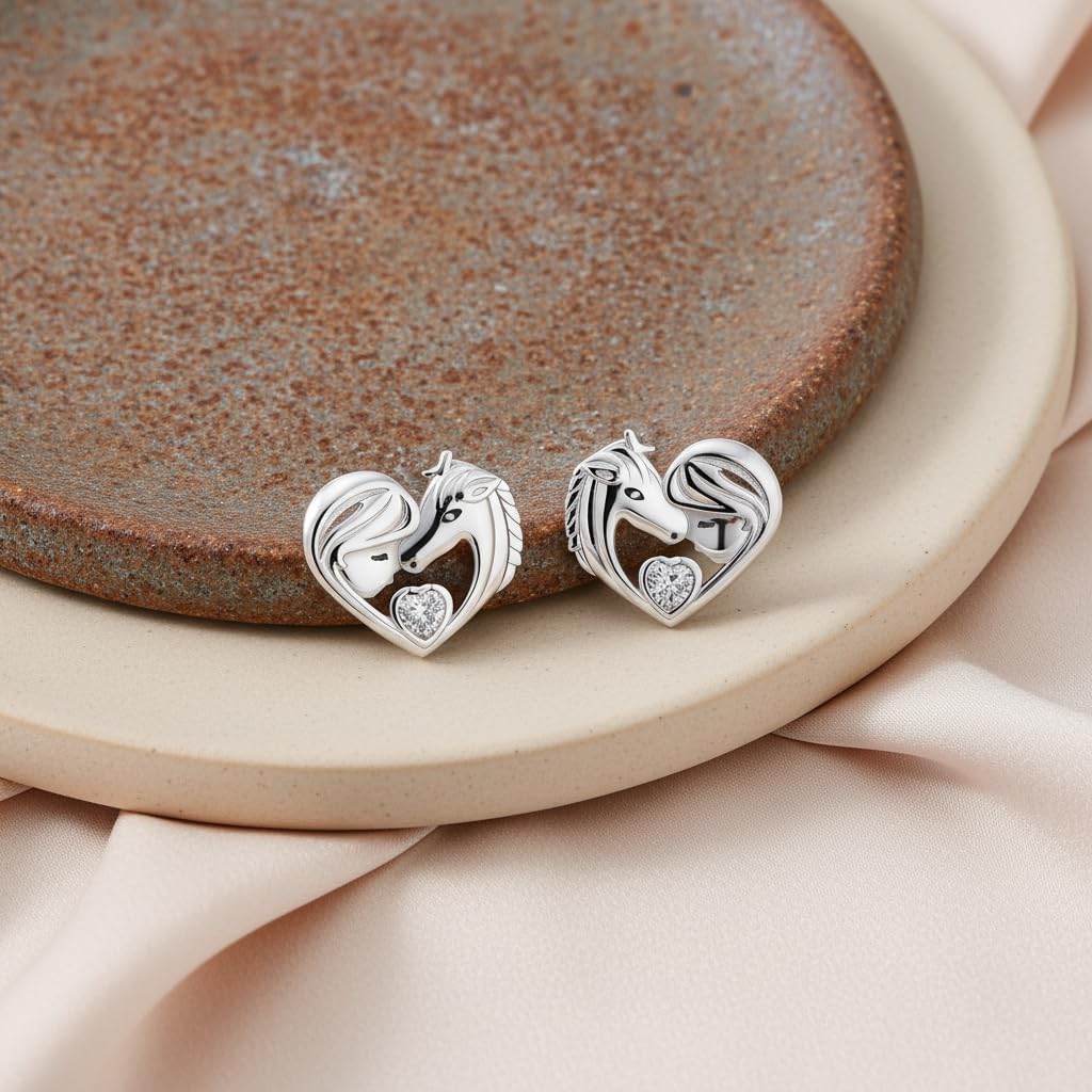 Detalle de J.MUEN Boucles d'oreilles Chat/Licorne/Cheval en Argent Sterling 925 – Design cœur pour femme