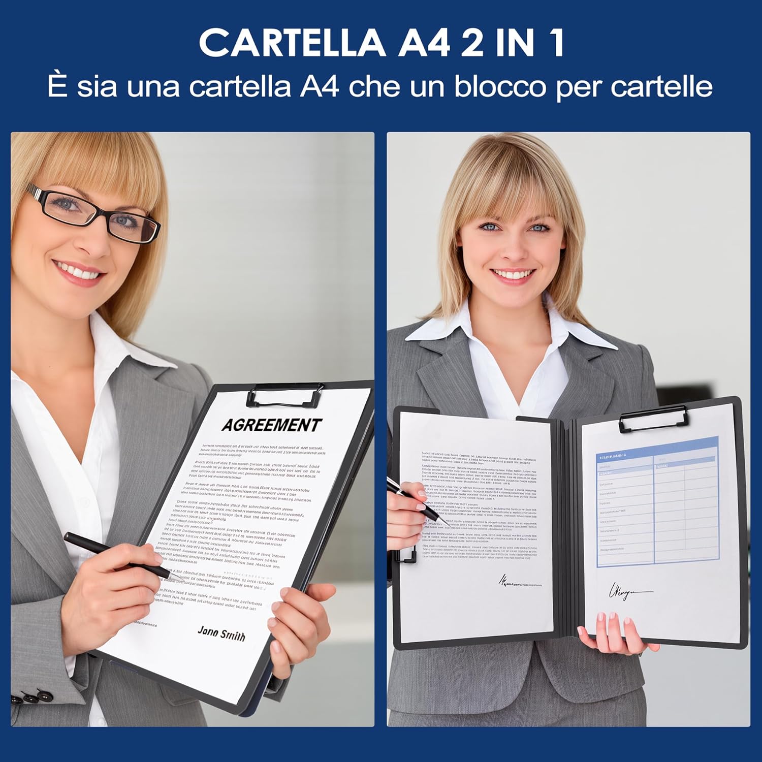 Detalle de Portablocco A4, Cartellina Portadocumenti con Doppia Clip in Plastica – Blu
