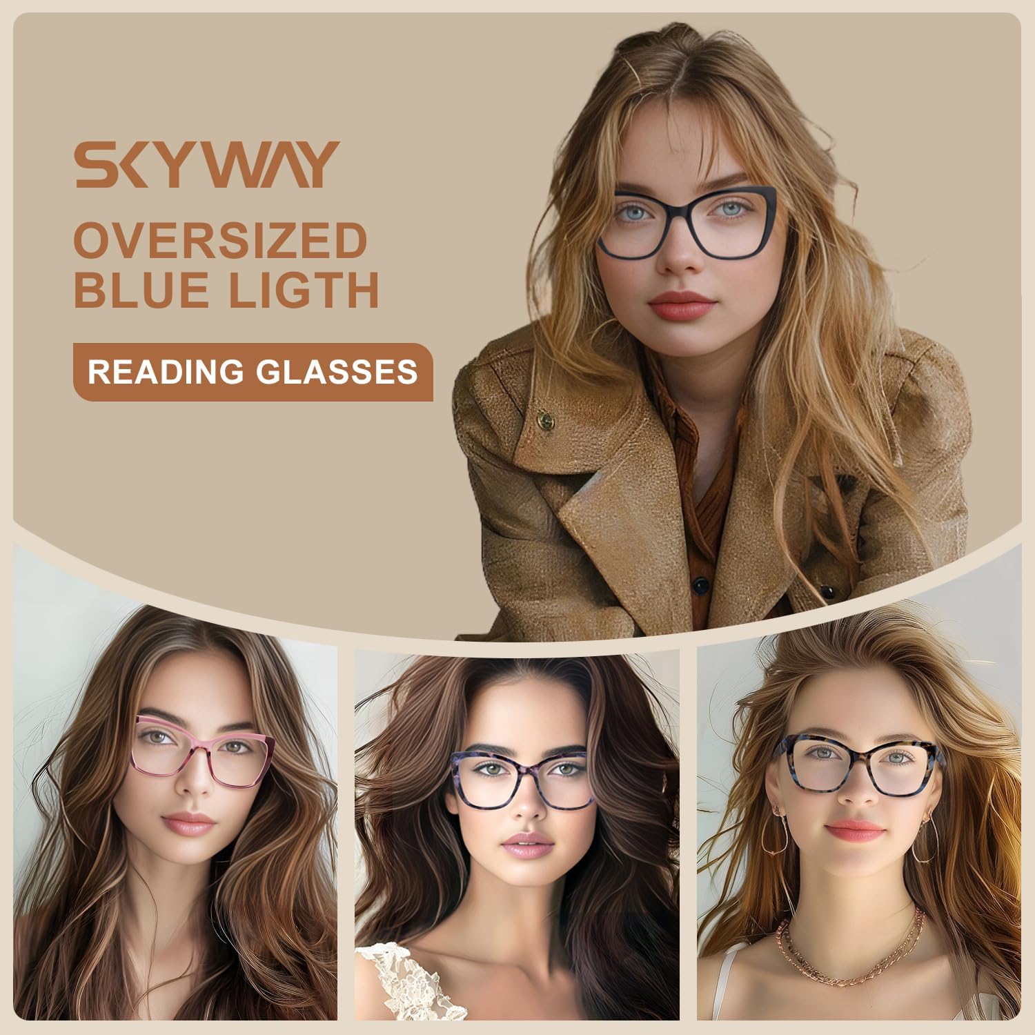 Thumbnail 1 de SKYWAY 2er-Pack Übergröße Lesebrille für Damen mit Blaulichtfilter (UV400) – quadratisch im Cat-Eye-Stil