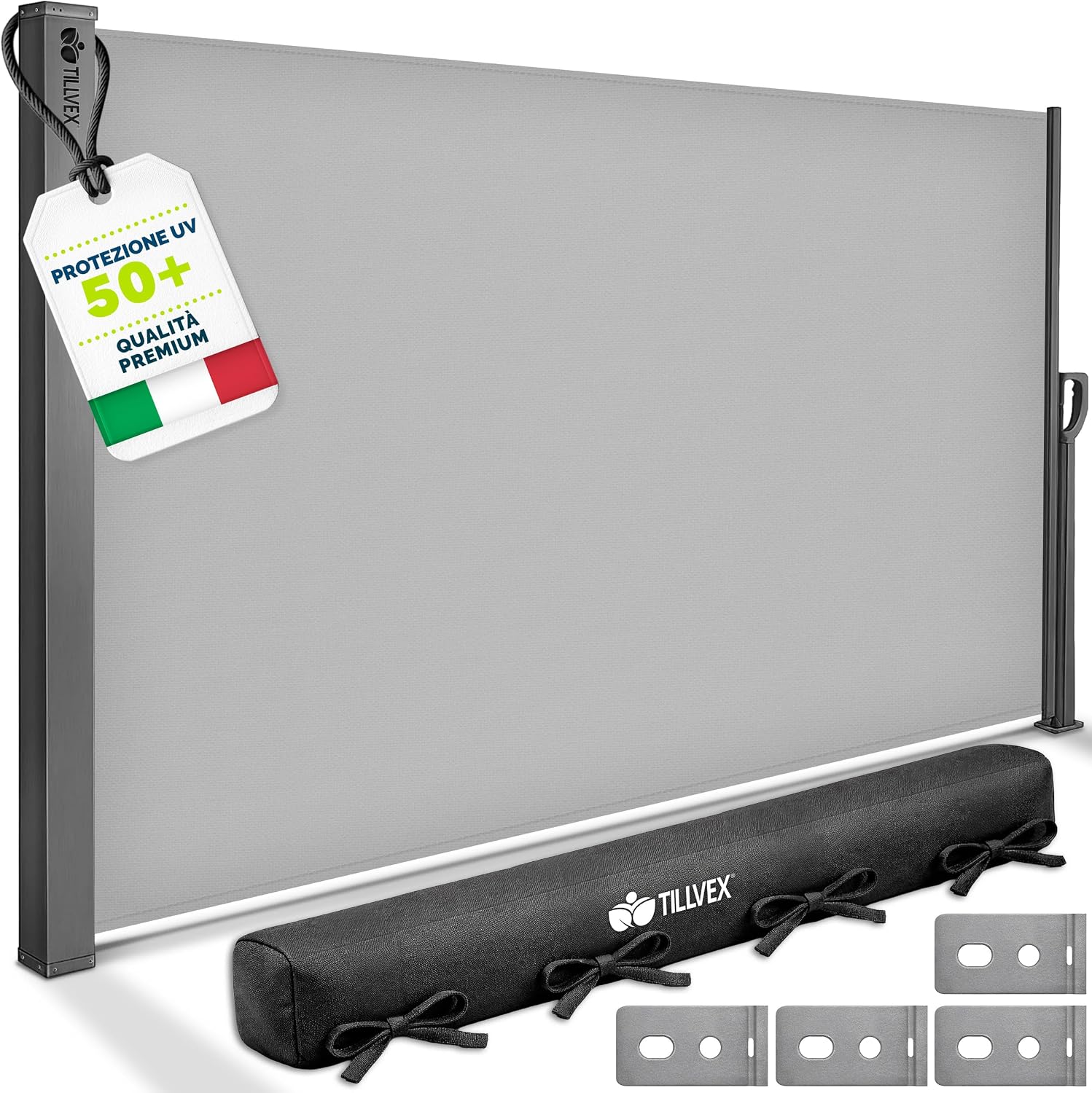 Detalle de tillvex® Tenda laterale estensibile e oscurante 200 x 400 cm — protezione solare, privacy e anti-vento per balcone, giardino e terrazzo