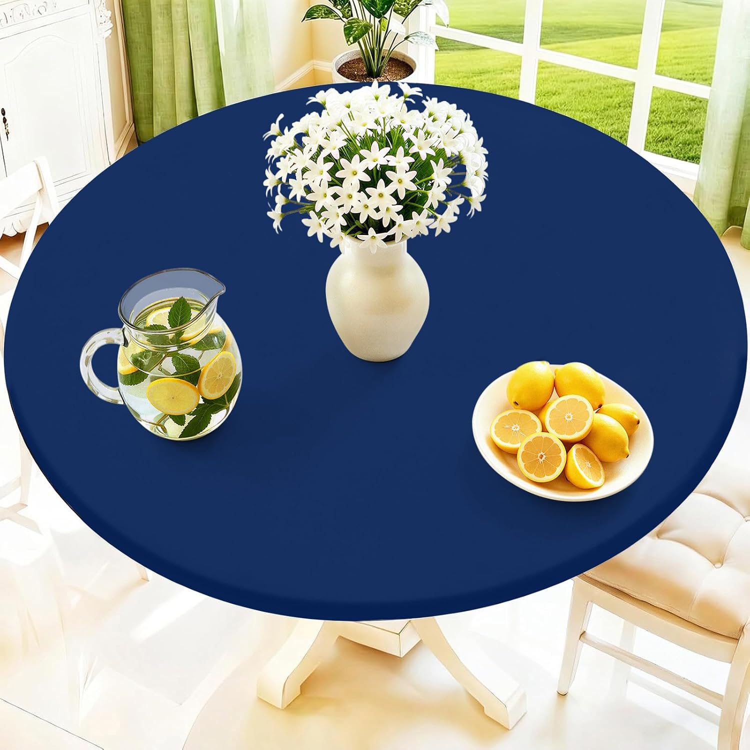 Detalle de Moosfor Round Spandex Tablecloth, Navy — Elastic, Waterproof Fit for 57"–68" Tables